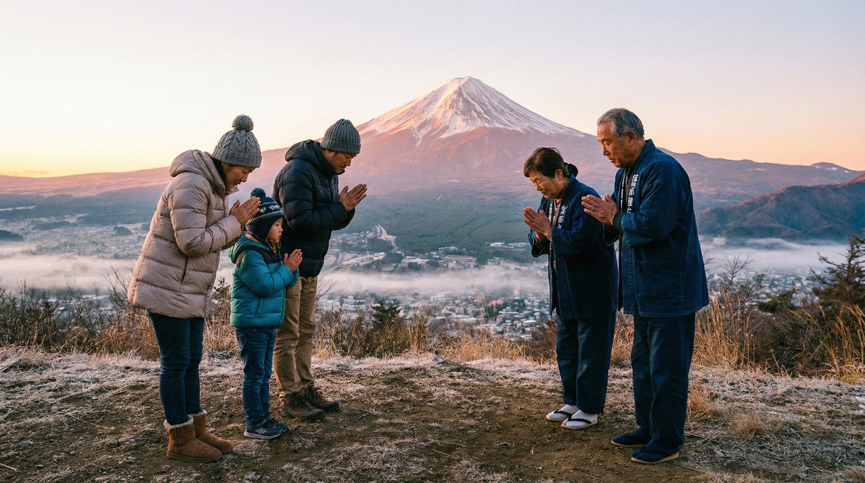 Travelers watching the first sunrise near Mt. Fuji