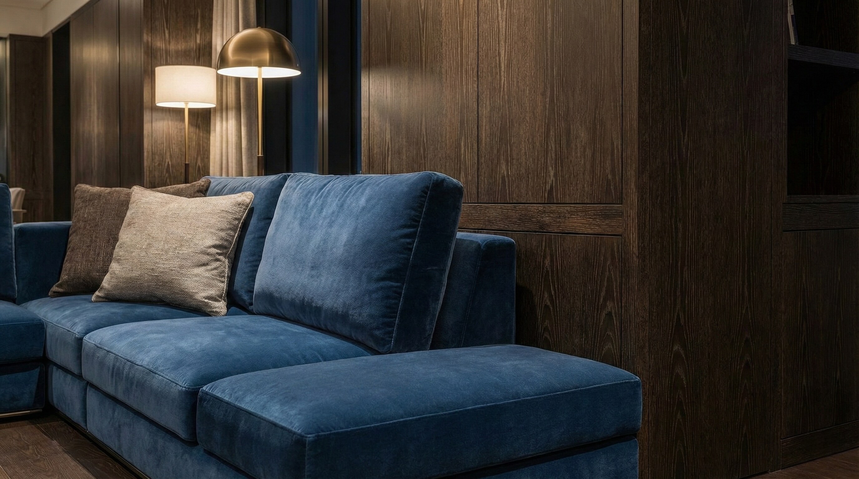 Detail of brushed wood ceiling and Italian furniture in the Bvlgari Suite.