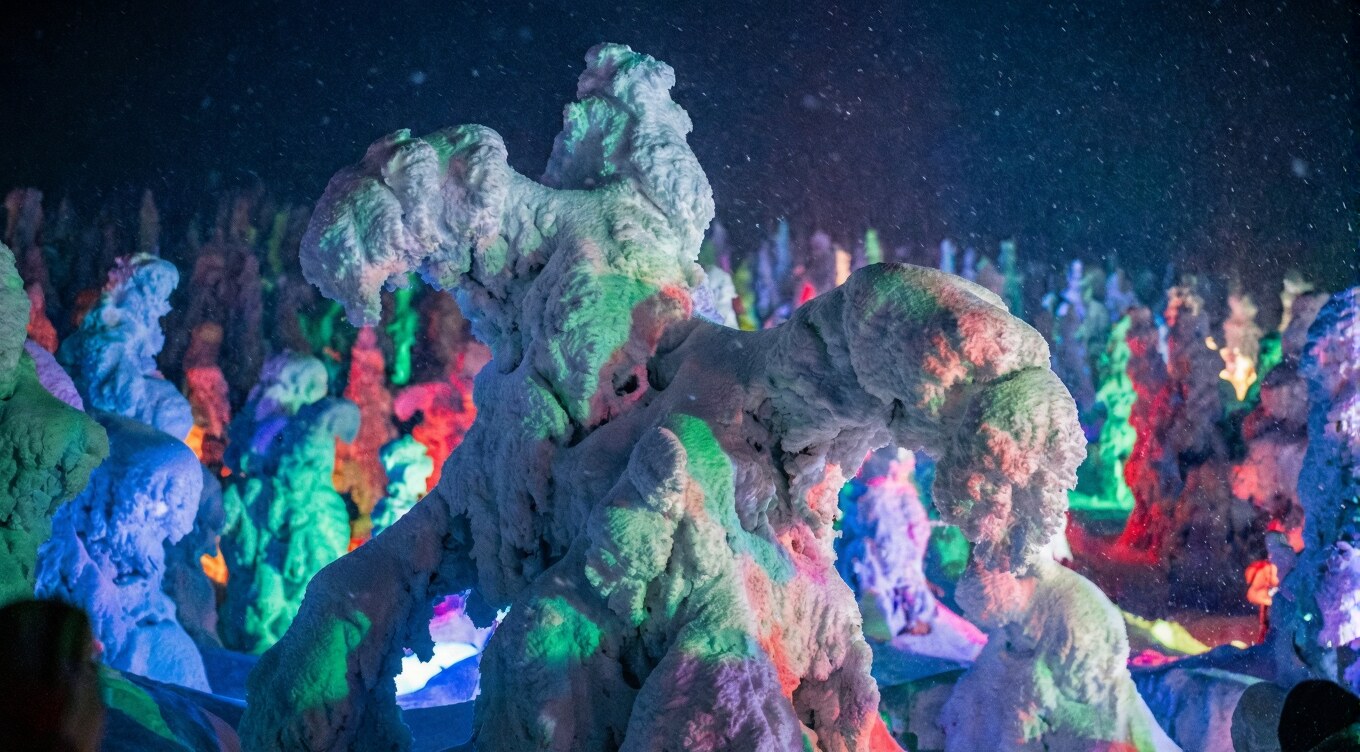 Illuminated Snow Monsters (Juhyo) on the slopes of Zao Onsen, Yamagata, Japan in February.