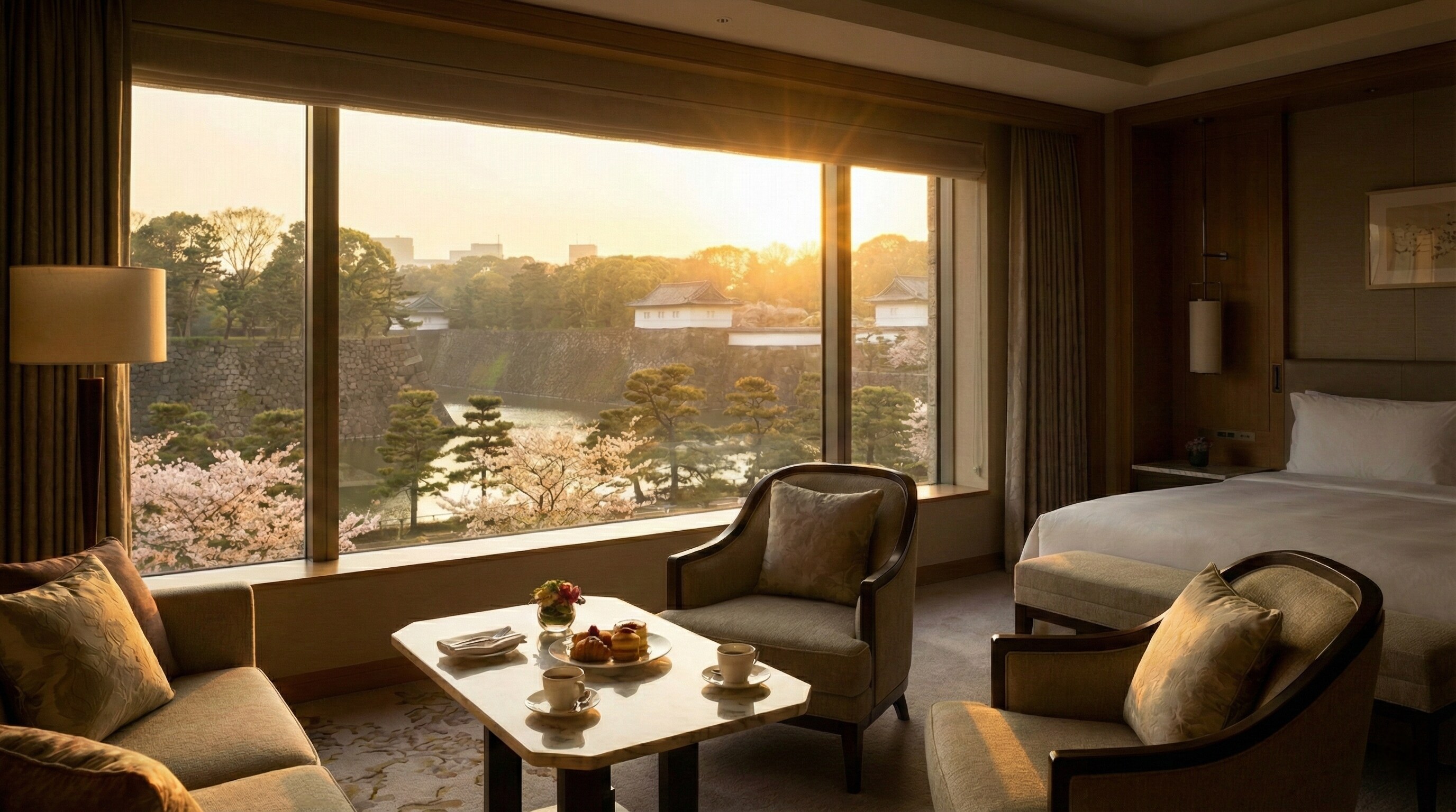 Luxury hotel suite with a view of the Tokyo Imperial Palace.