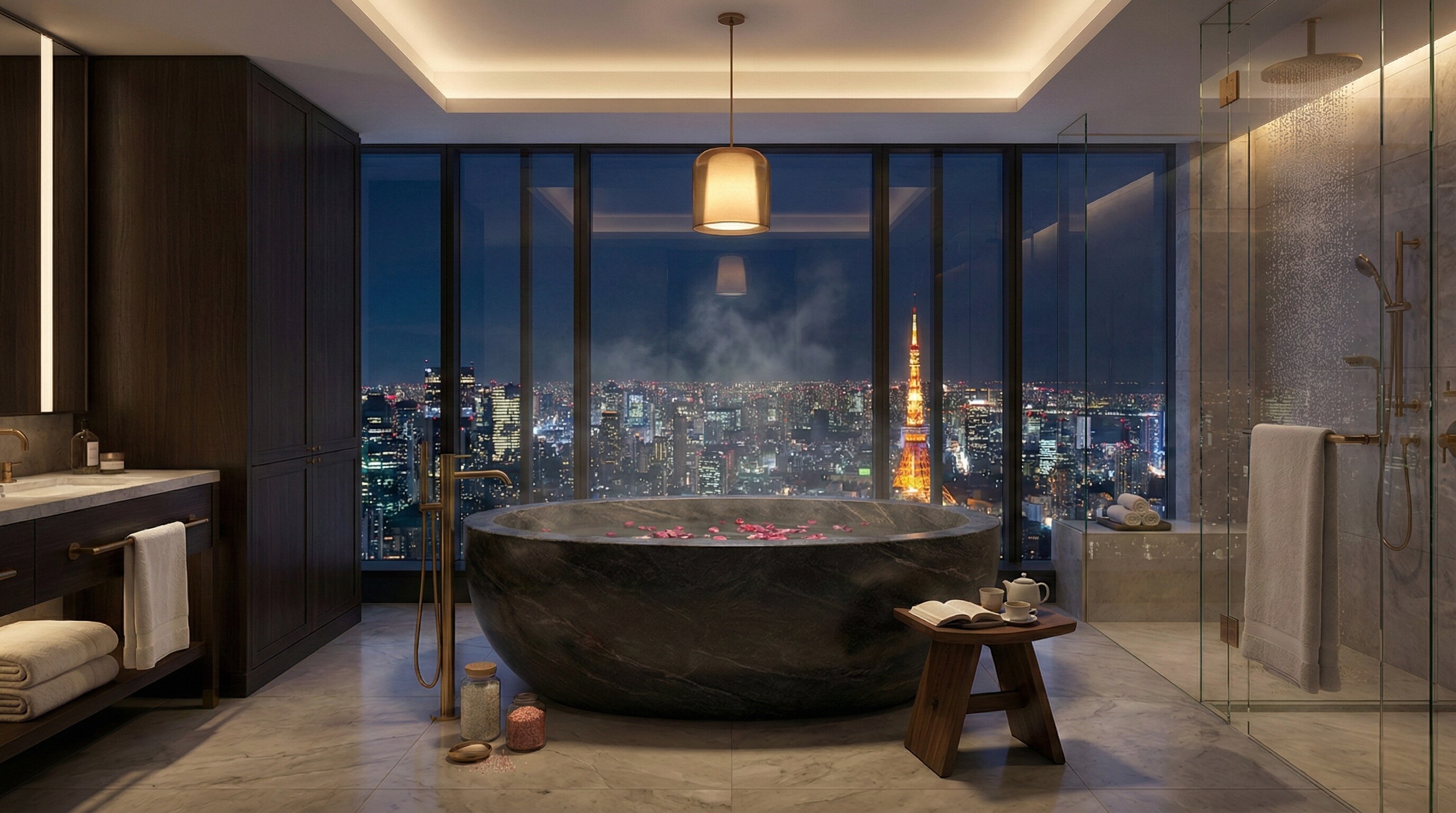 Luxury stone bathtub in The Bvlgari Suite bathroom with Tokyo night skyline view