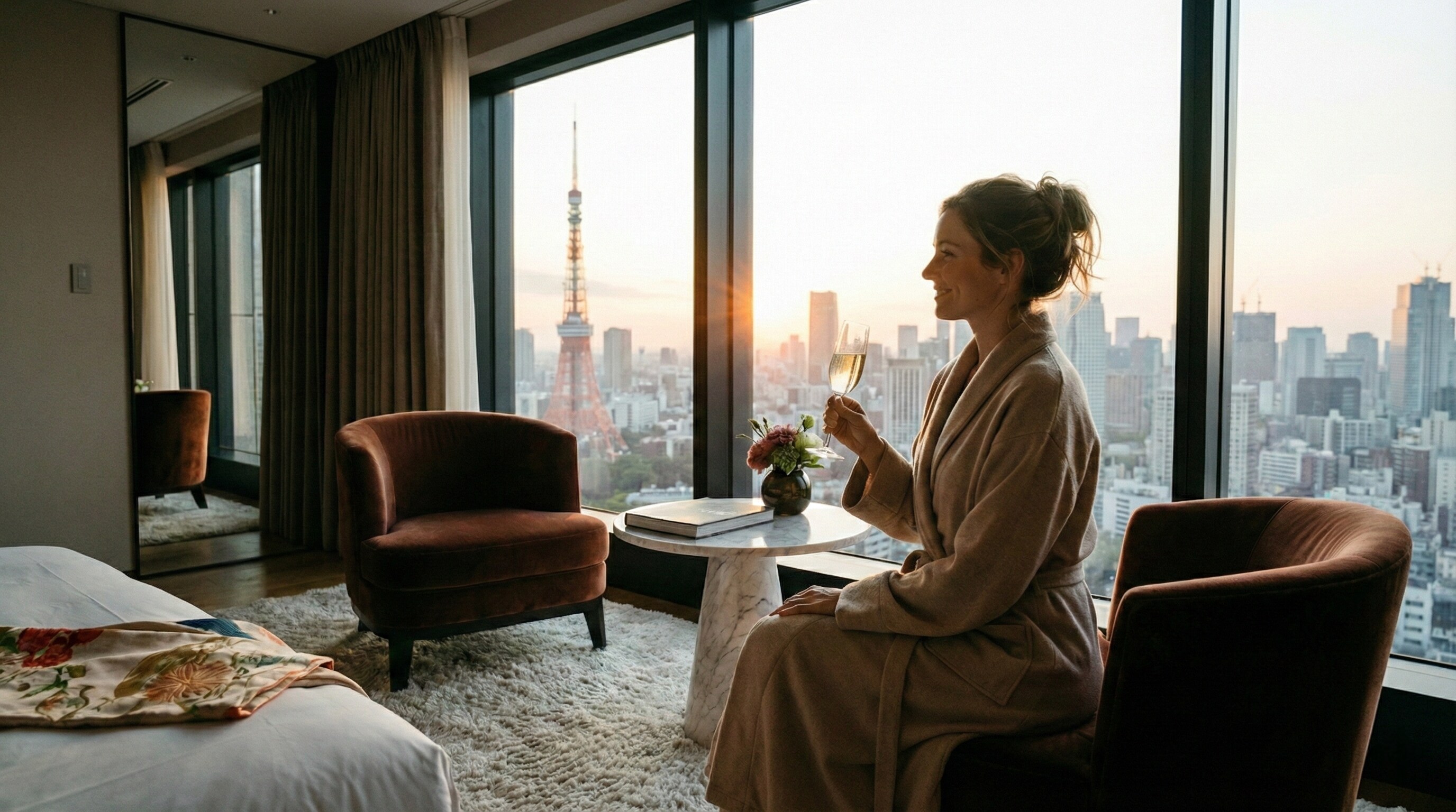 Elegant traveler enjoying a quiet moment in the Bvlgari Suite Tokyo.