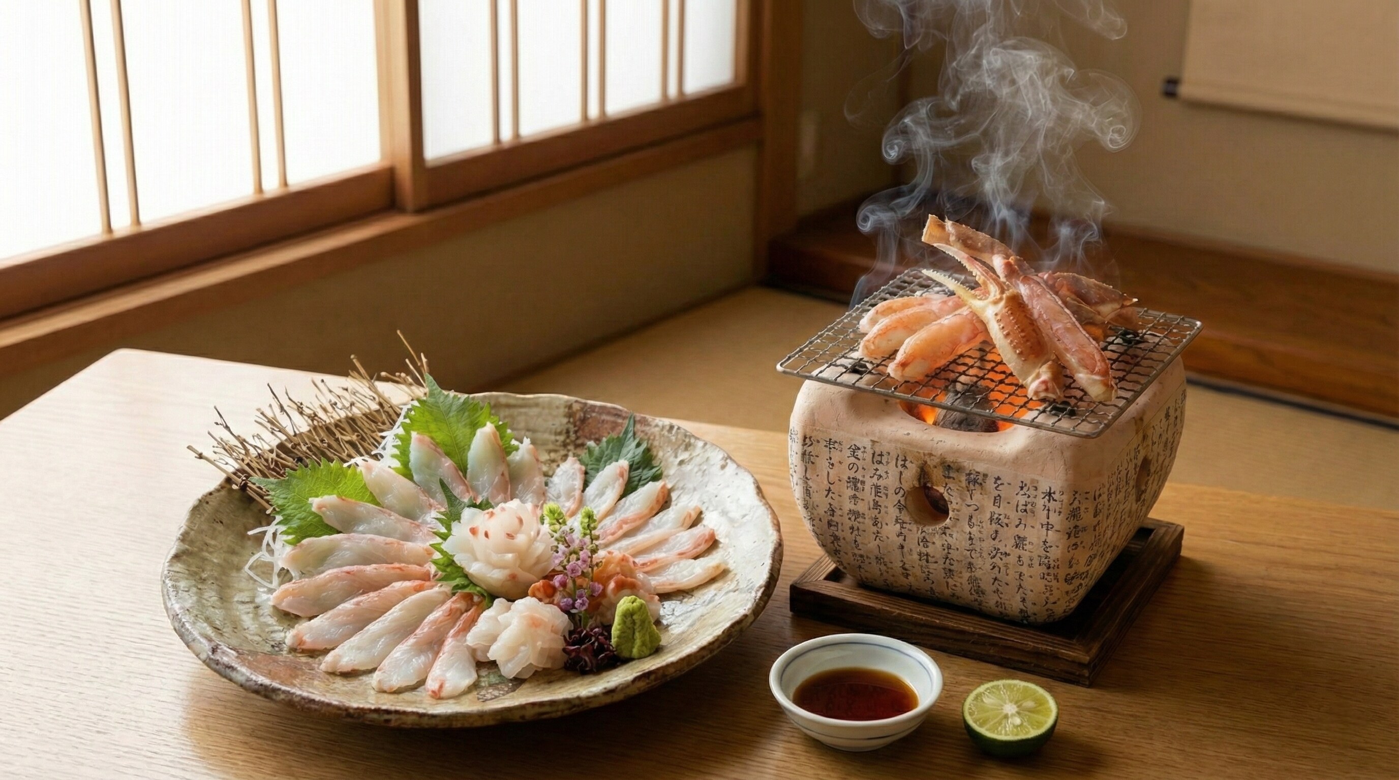Luxury Japanese Crab Kaiseki featuring sashimi and charcoal-grilled Matsuba Crab.