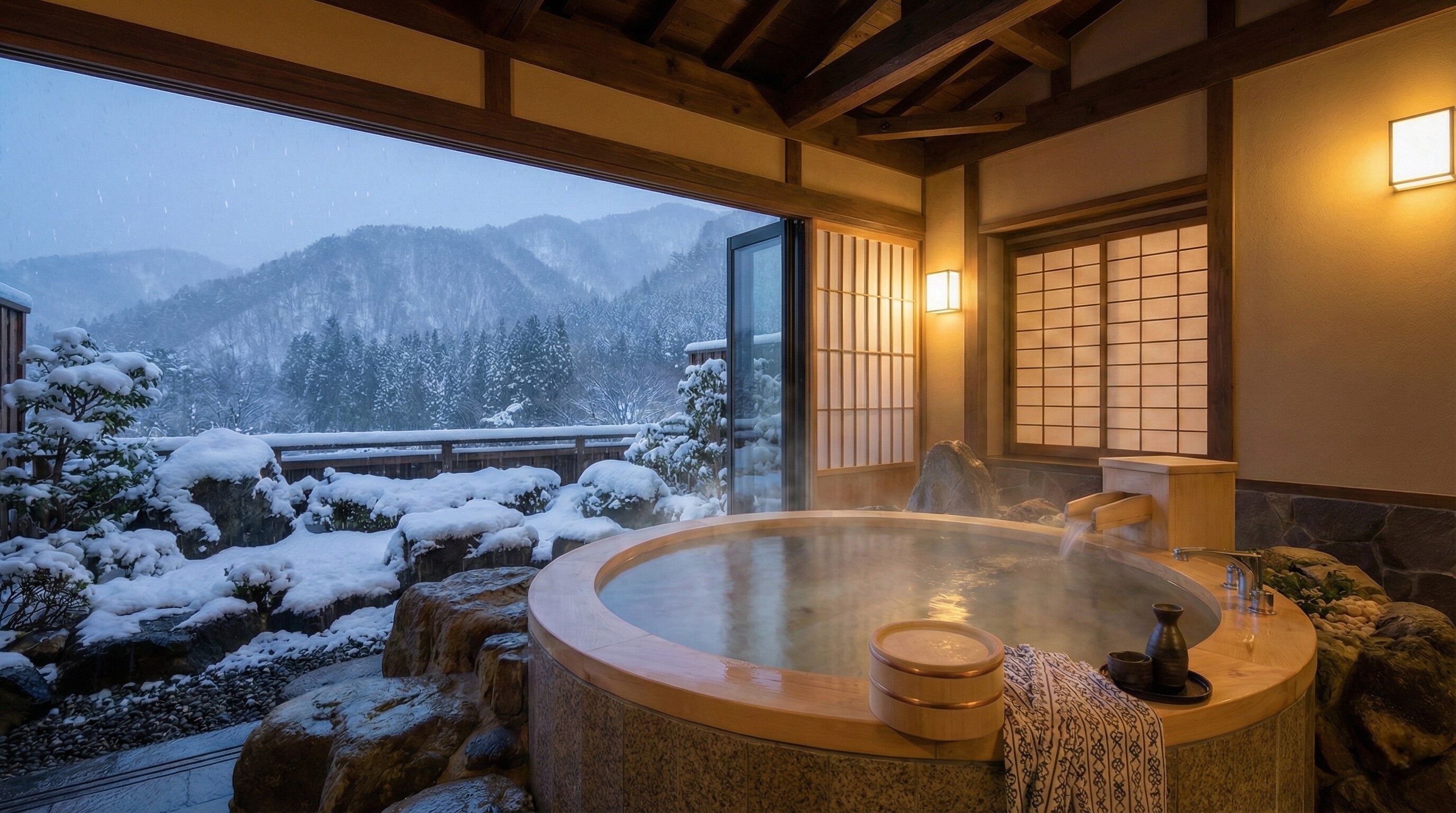 Private open-air onsen bath at a luxury Japanese ryokan in winter.