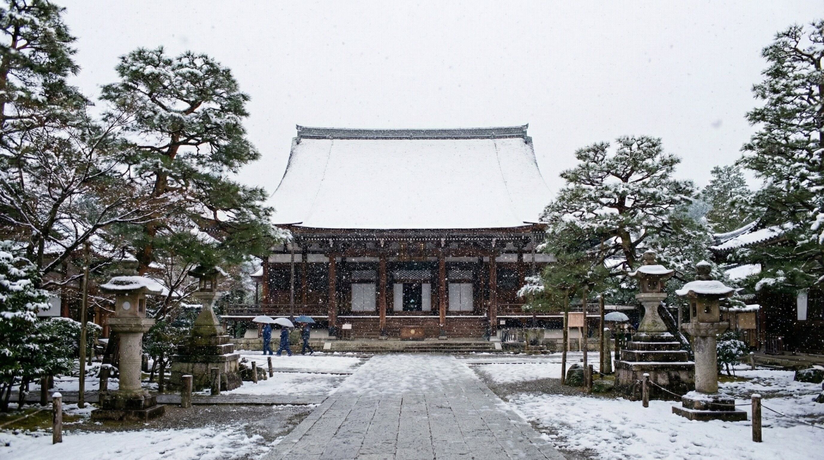 Snow-covered temple in Kyoto Japan during winter