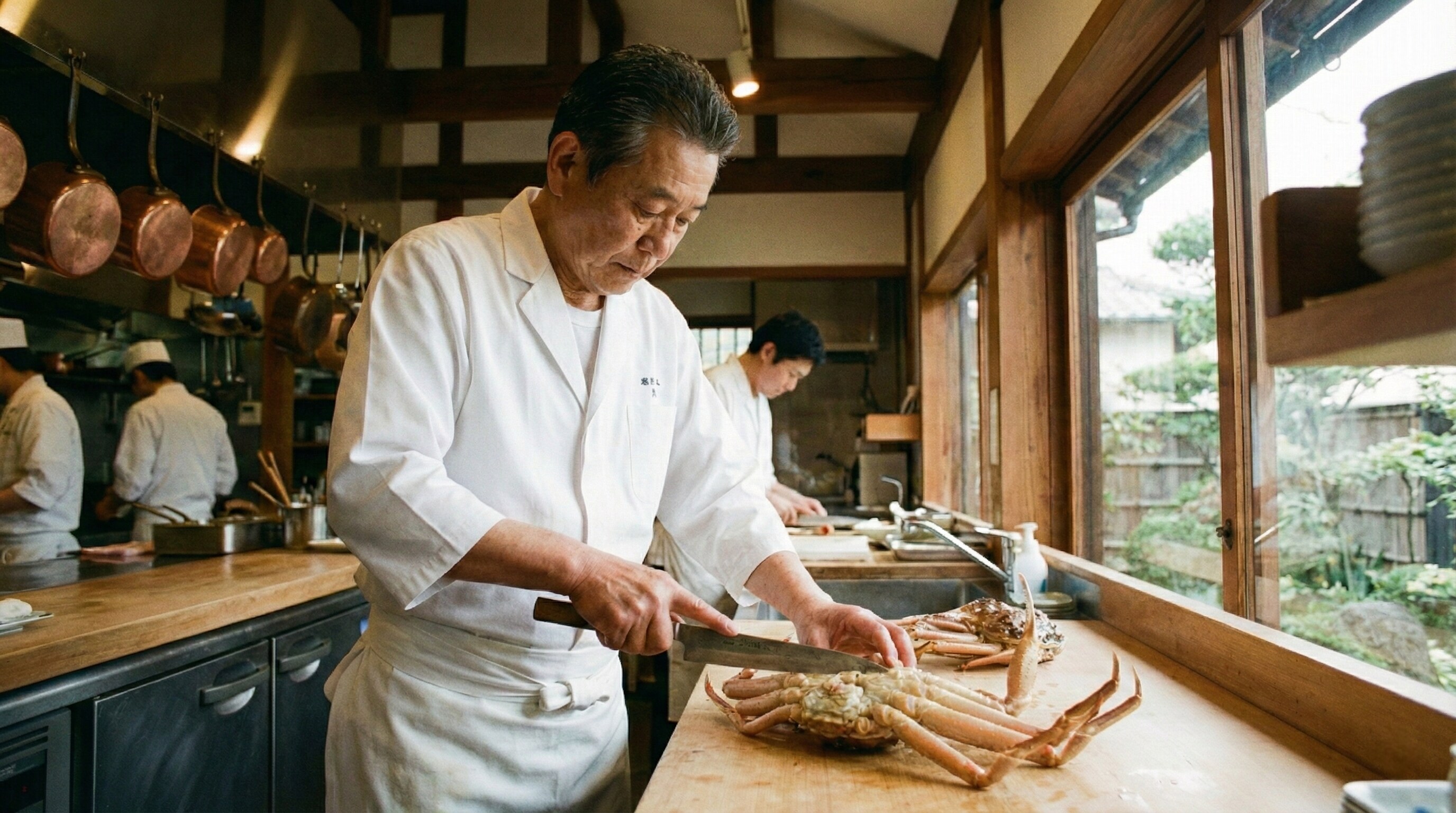 Professional Japanese chef preparing Matsuba Crab for a high-end Kaiseki meal.