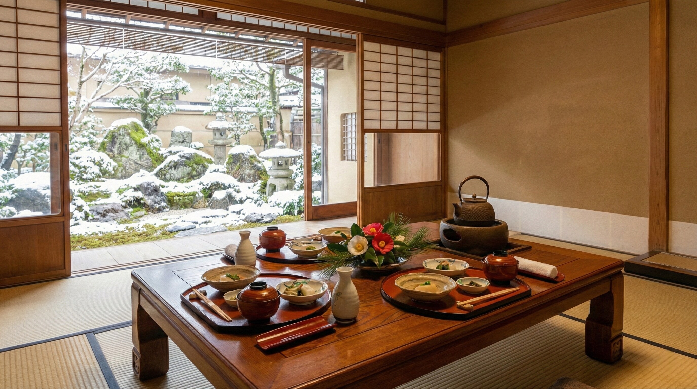 Traditional Japanese dining room prepared for a private luxury dinner with a snowy garden view.