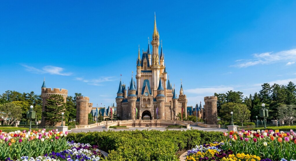A clear, uncrowded view of Cinderella Castle at Tokyo Disneyland on a sunny day