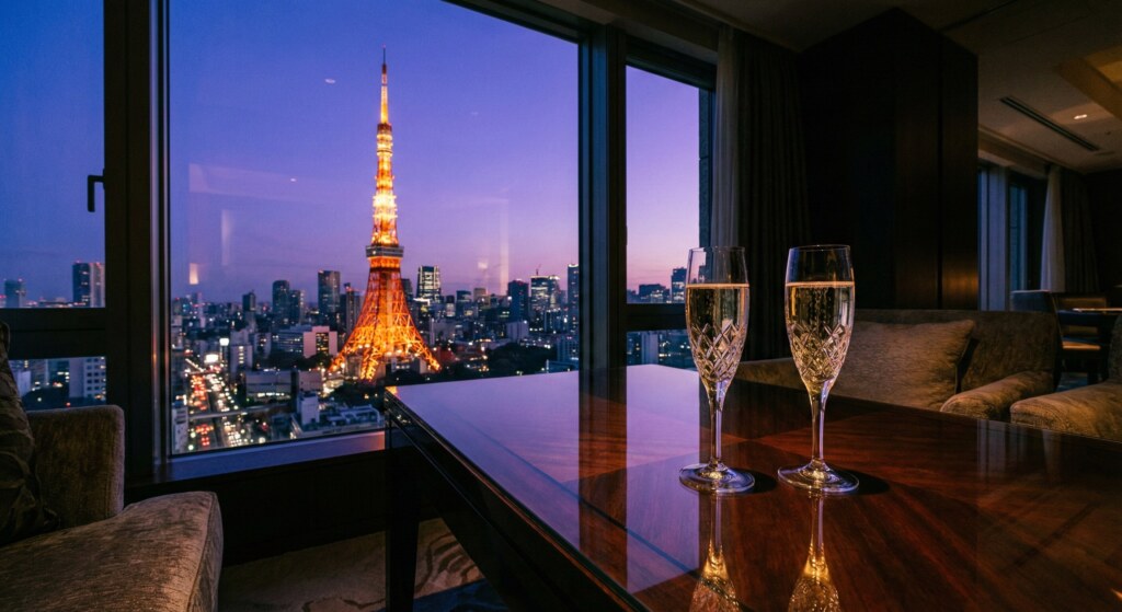 A luxurious Tokyo hotel room overlooking the glowing Tokyo Tower at sunset with two champagne glasses on a table, symbolizing a high-end romantic celebration.