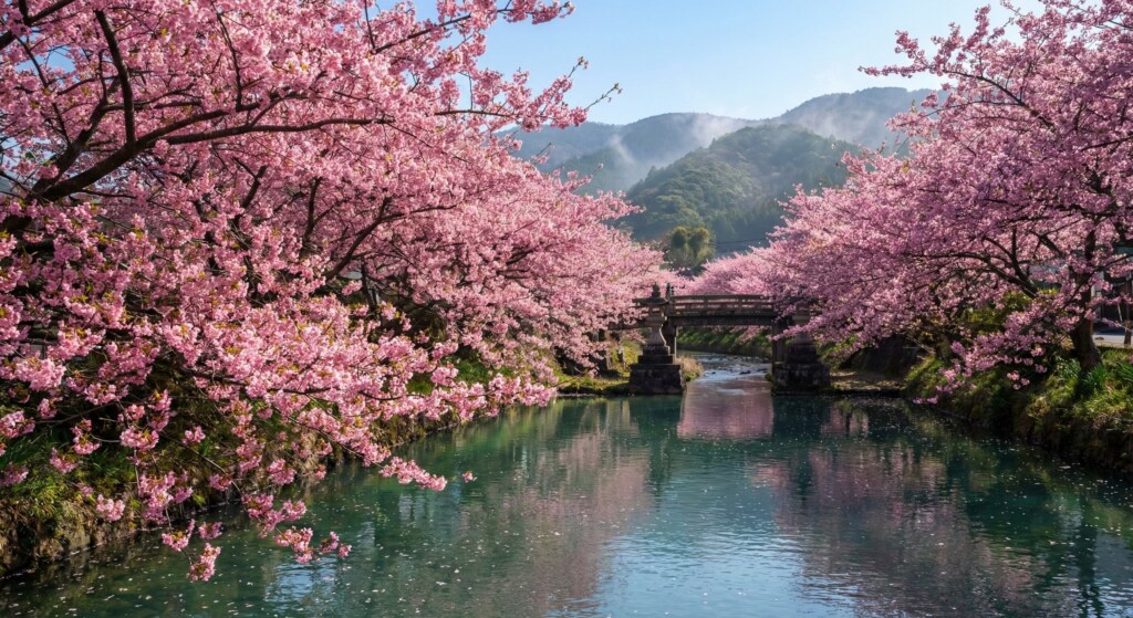 Vibrant pink Kawazu cherry blossoms blooming along a peaceful river in Japan