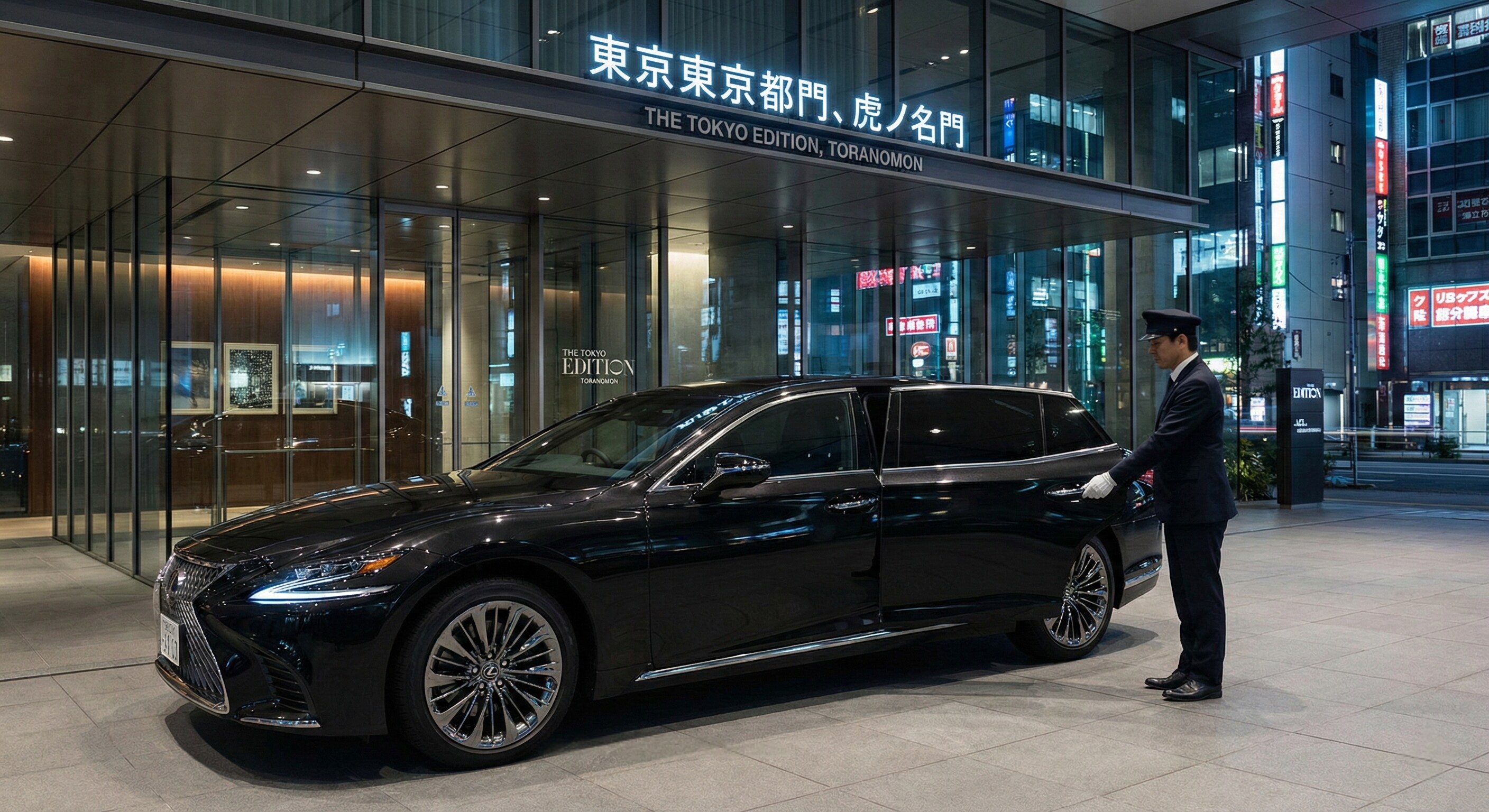 A luxury black town car parked outside a premium Tokyo hotel with a chauffeur holding the door.