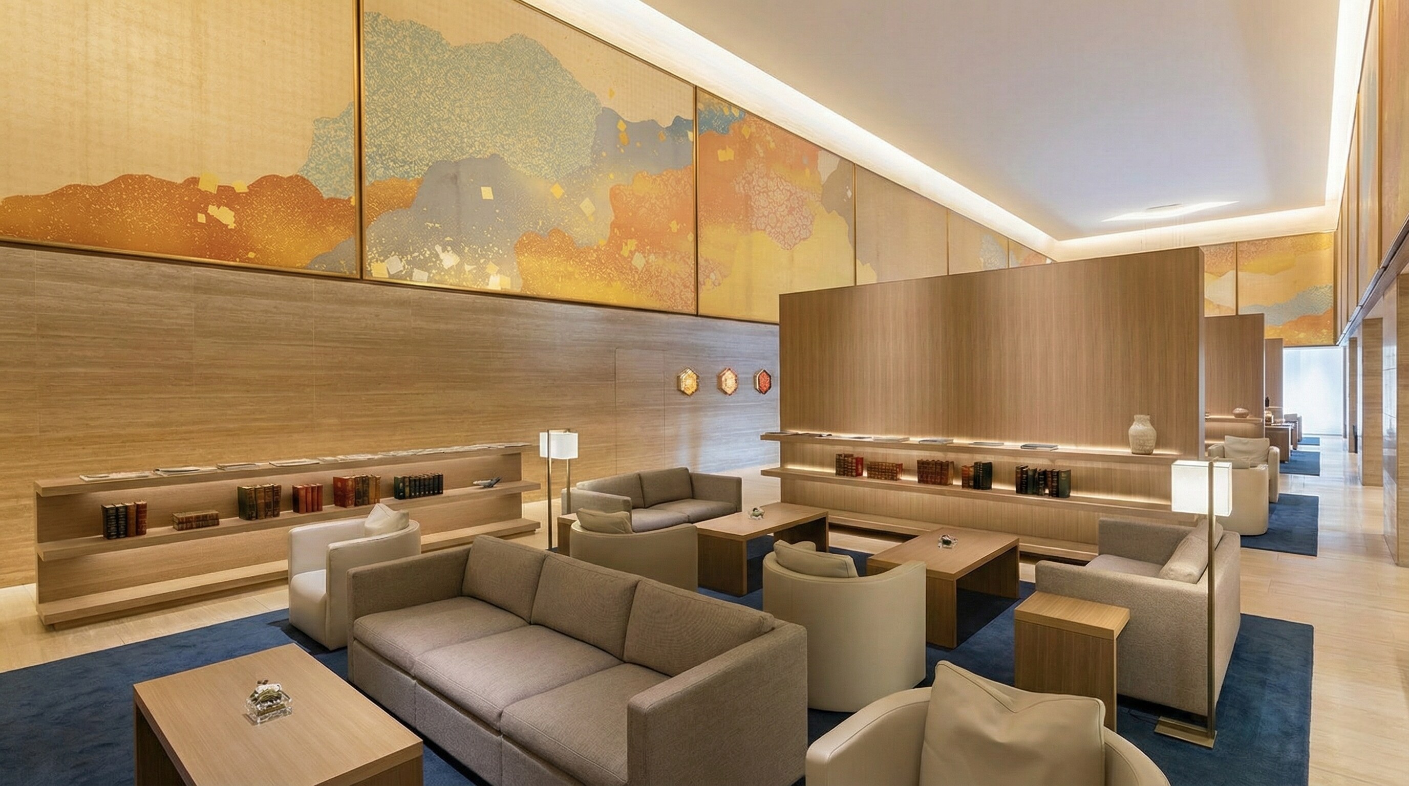 The serene lobby of The Okura Heritage Wing featuring traditional Japanese wood lattice and soft lighting.