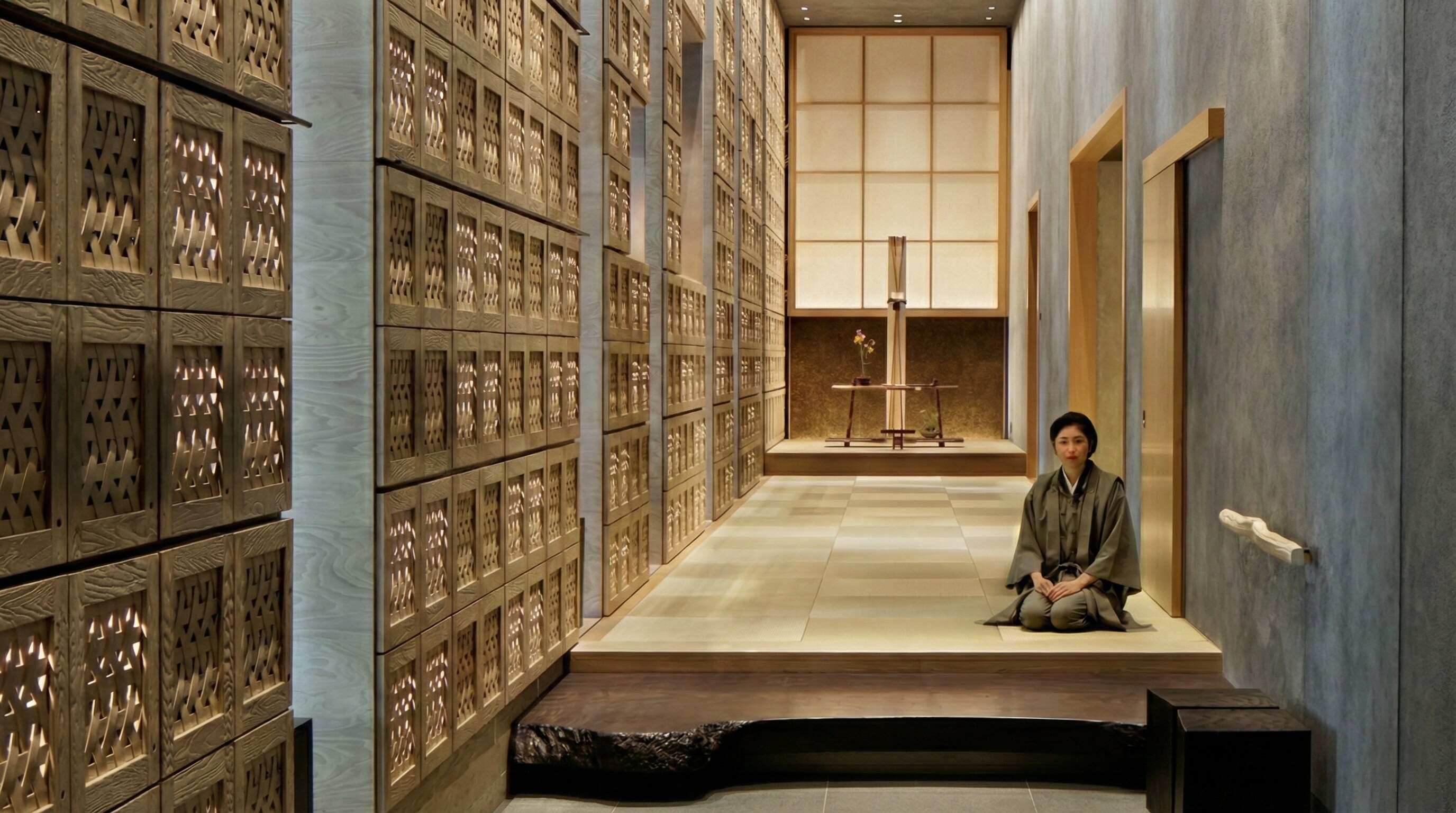 The traditional tatami-mat entrance at Hoshinoya Tokyo, a luxury ryokan.