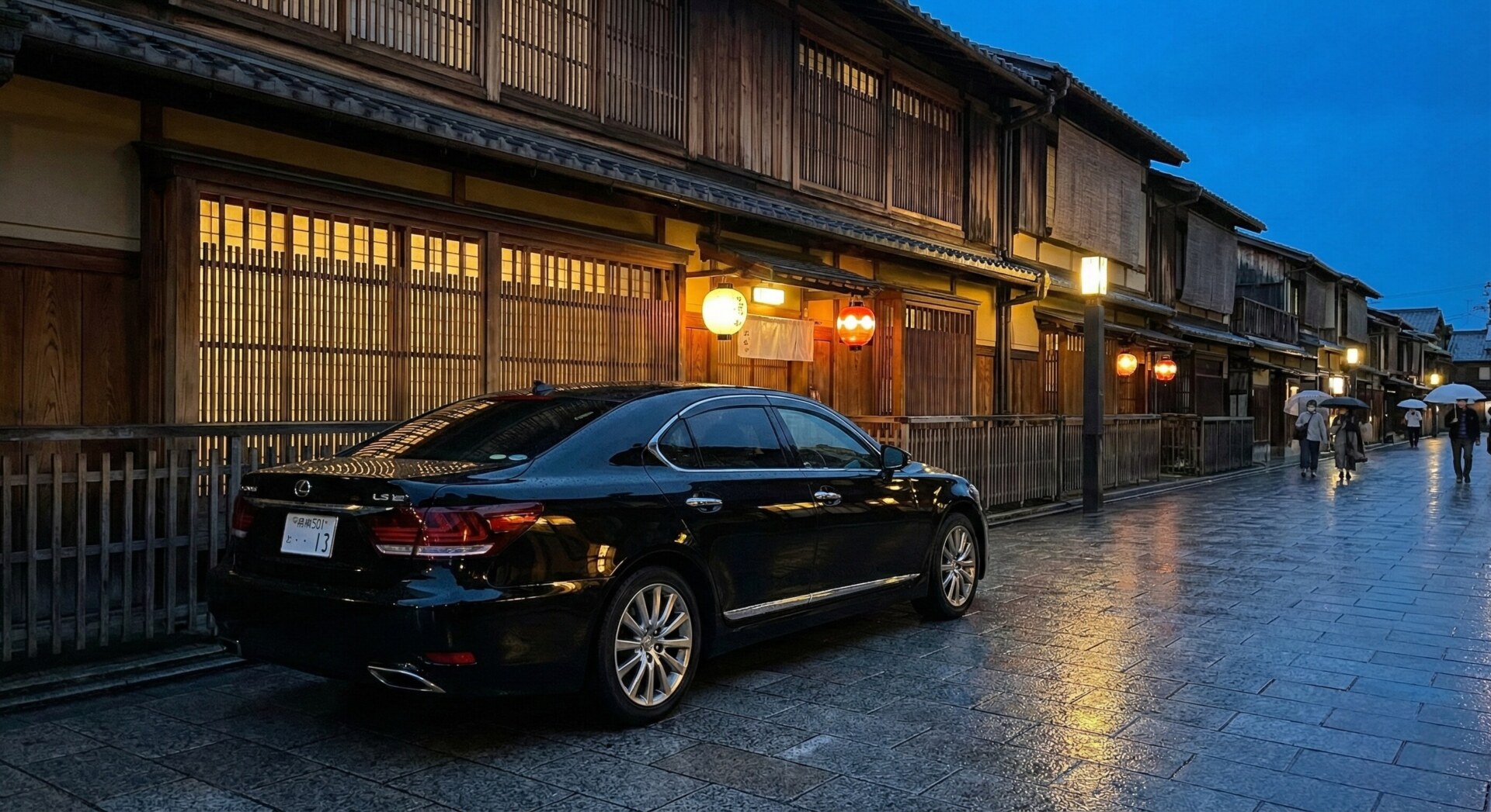 Private luxury car waiting outside a traditional tea house in Gion, Kyoto.