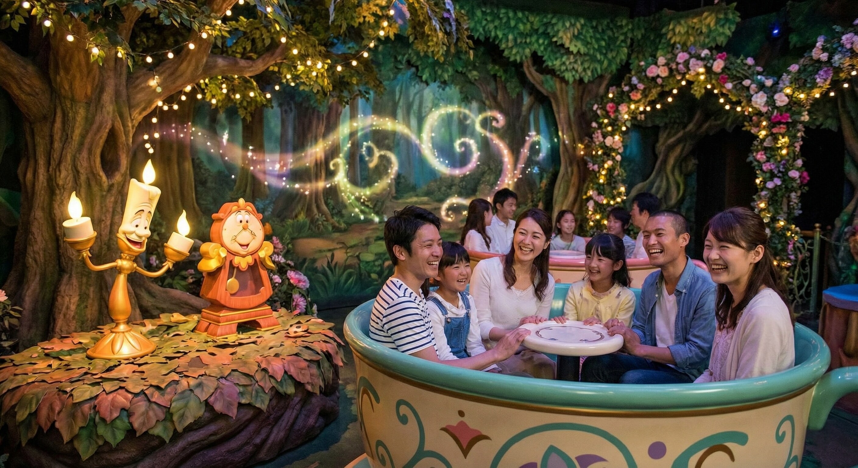 Guests enjoying the colorful and immersive Enchanted Tale of Beauty and the Beast attraction at Tokyo Disneyland.