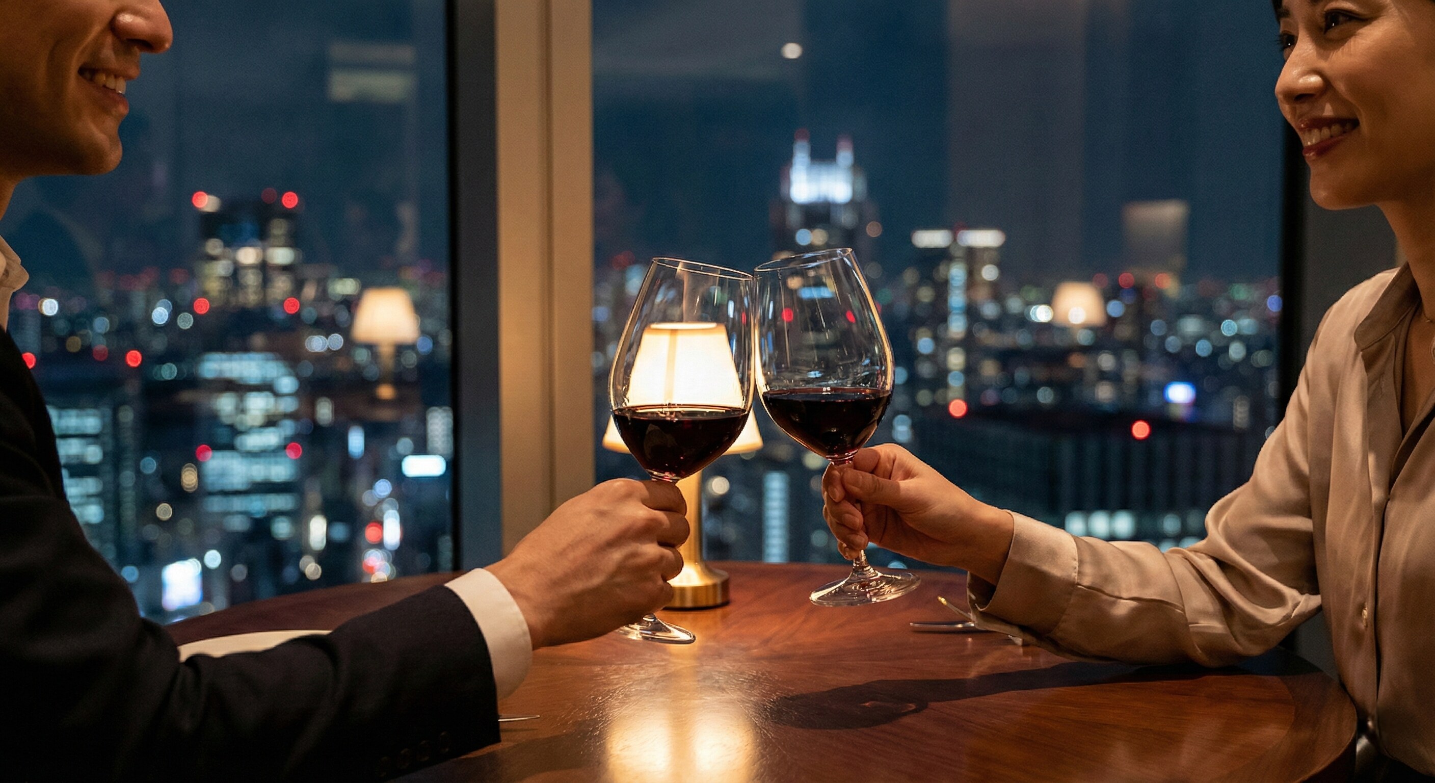 Couple enjoying a romantic fine dining dinner with a view of the Tokyo skyline at night.