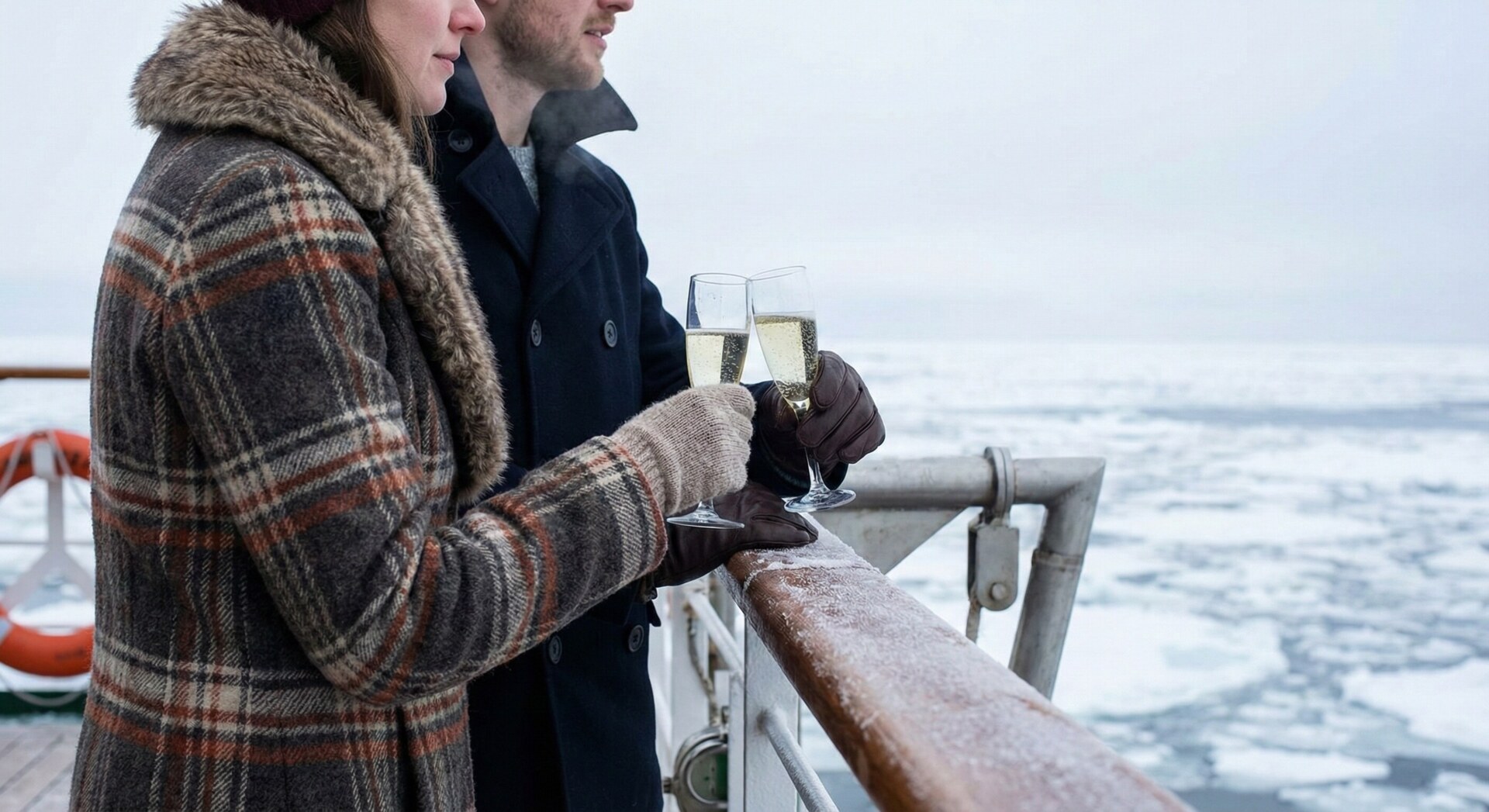 A couple enjoying champagne on a private luxury cruise in the Sea of Okhotsk.