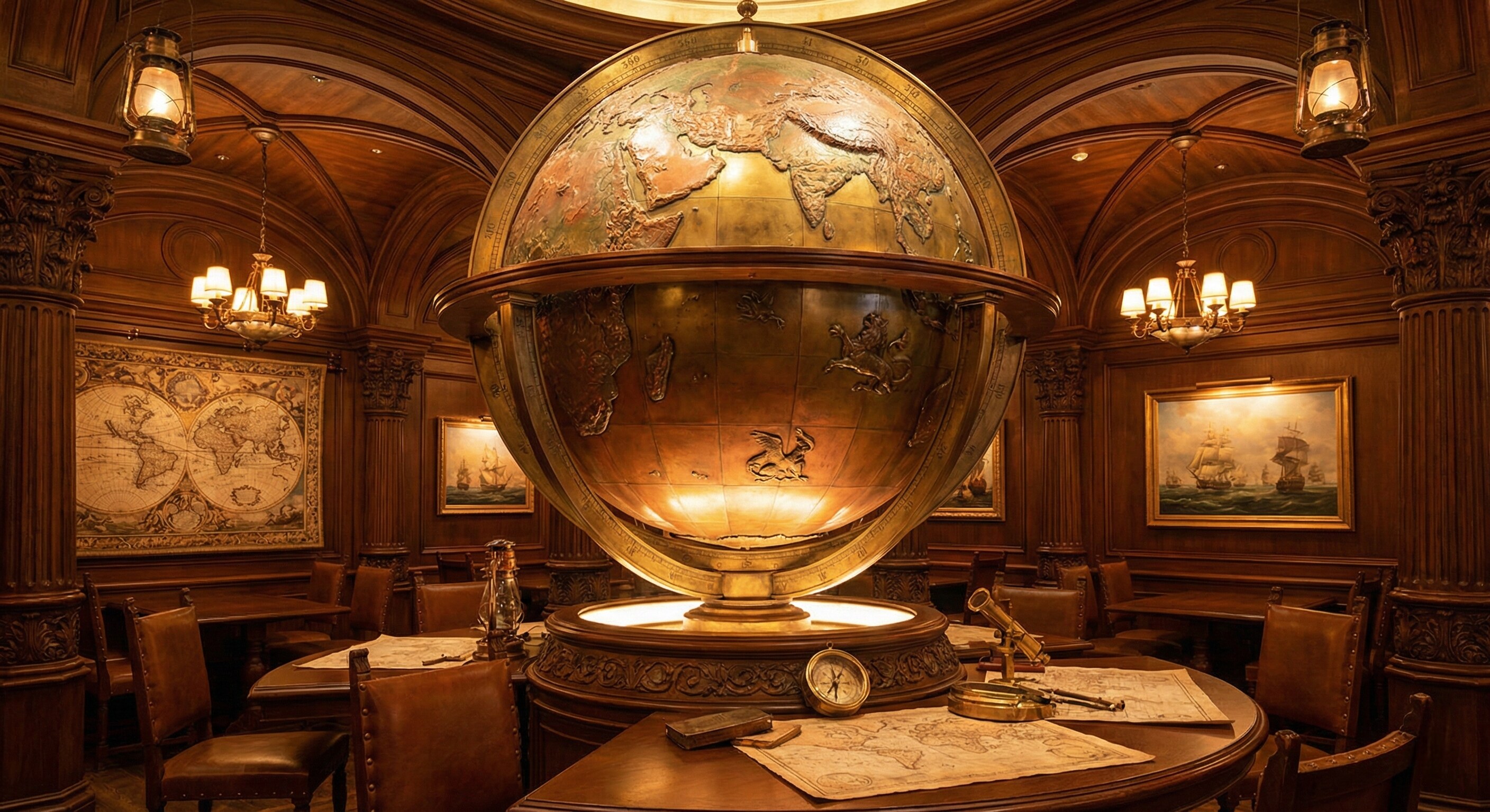 The grand, elegant interior of Magellan's restaurant at Tokyo DisneySea, featuring a large globe.