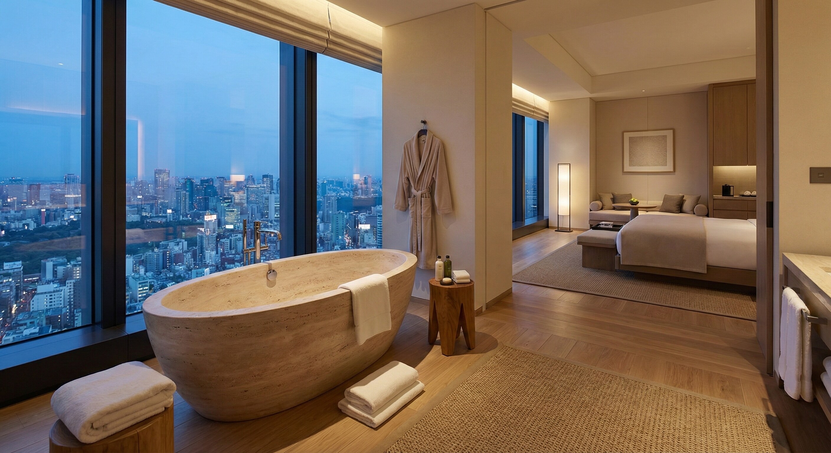Luxury hotel bathroom with a stone soaking tub and panoramic window view of Tokyo skyscrapers.