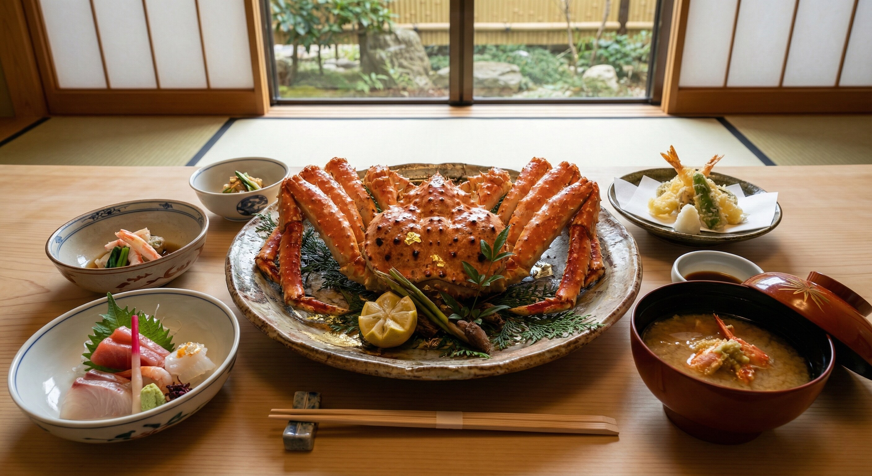 A gourmet Kaiseki dinner presentation featuring fresh Hokkaido snow crab and seasonal winter ingredients.