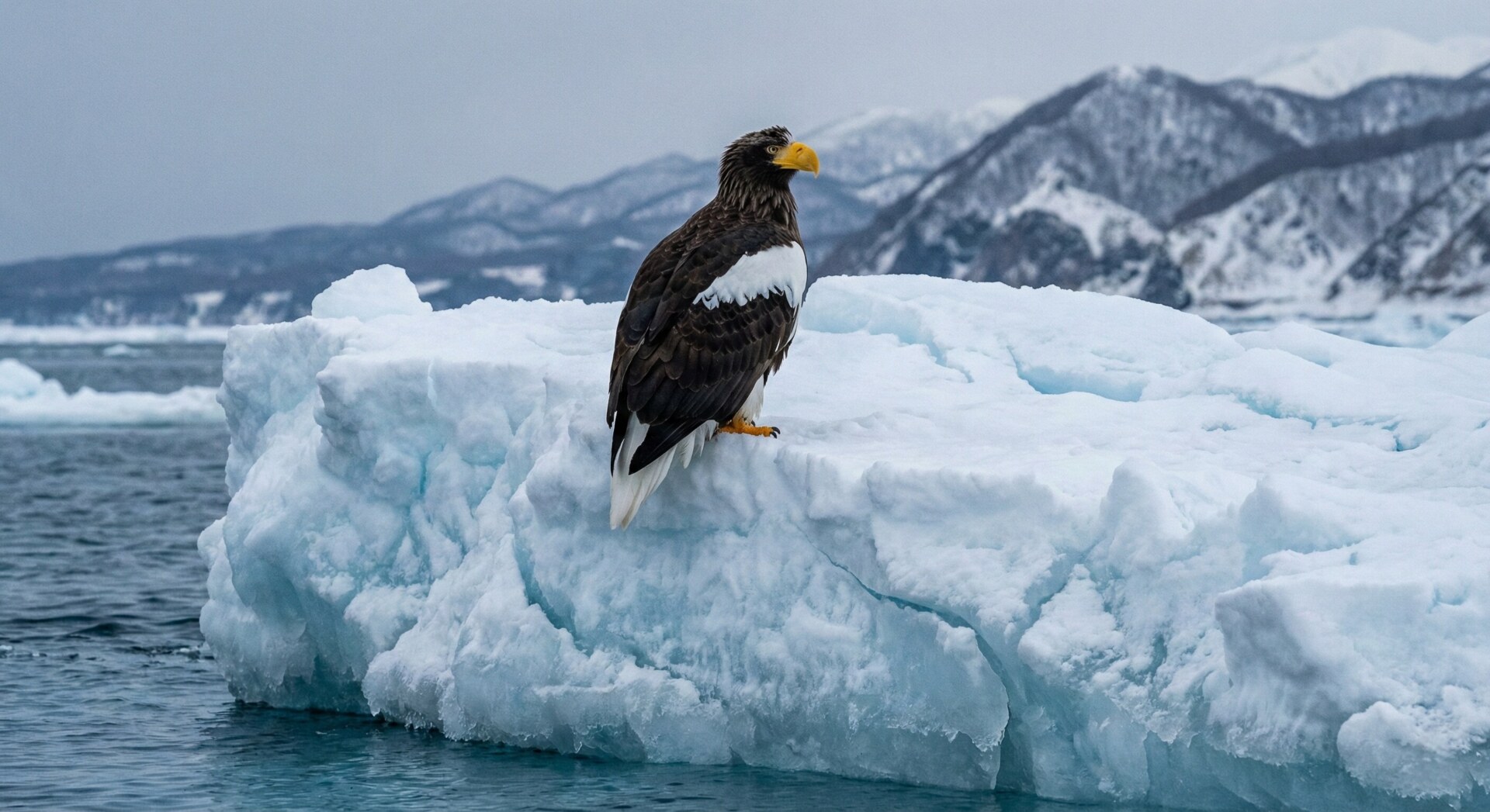 A majestic Steller's Sea Eagle sitting on drift ice in the Sea of Okhotsk.