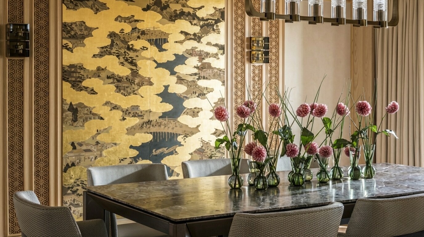 A large dining table set for dinner inside the Presidential Suite with a view of the evening lights.