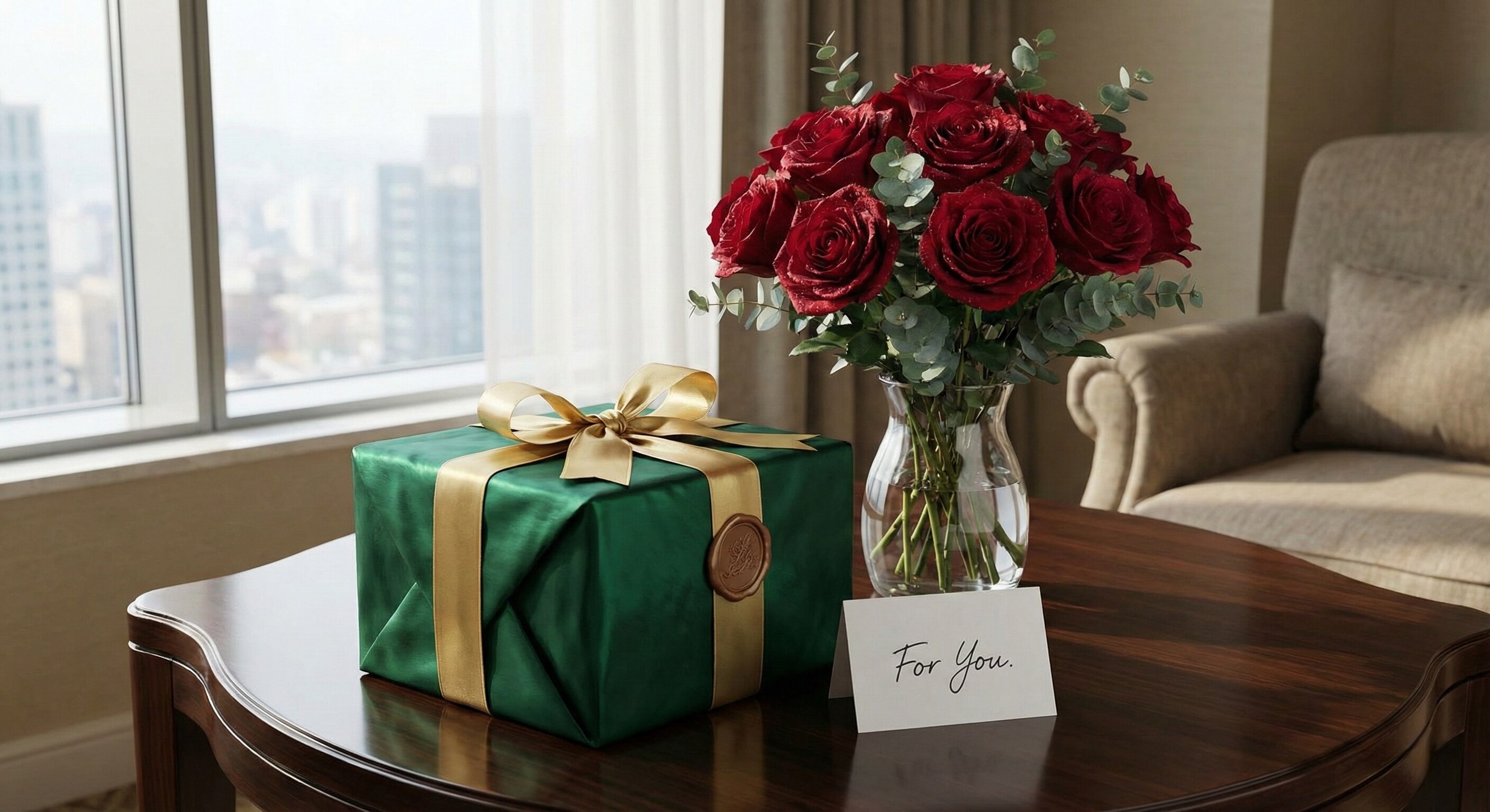 Elegant bouquet of roses and a luxury gift box prepared for a romantic surprise.