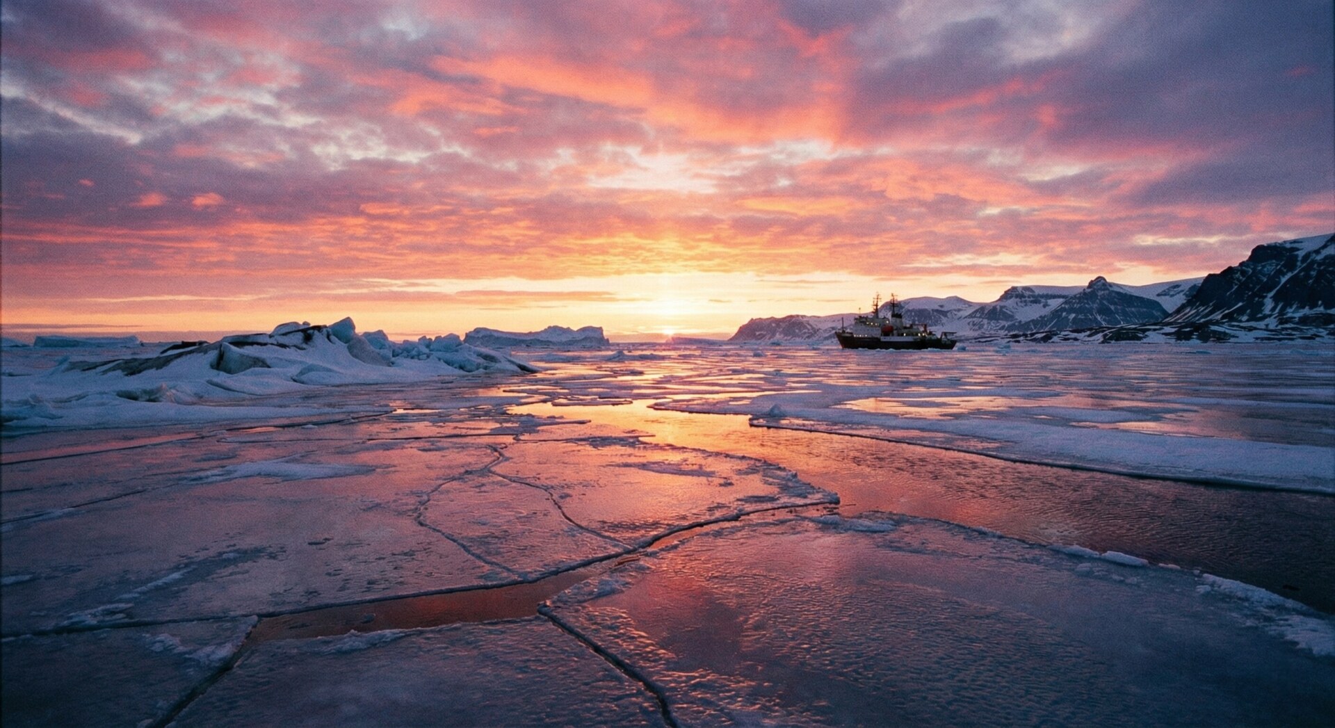 A breathtaking sunset reflecting off the drift ice in the Sea of Okhotsk.