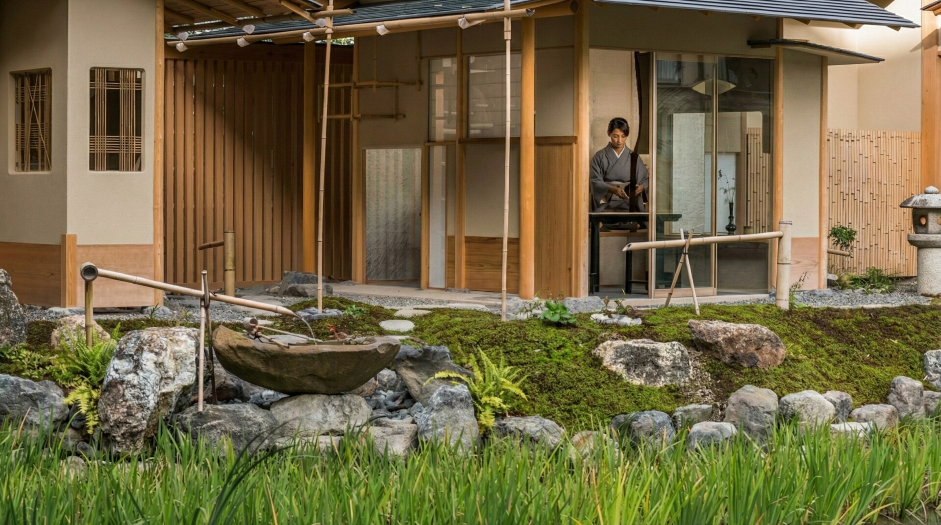 The glass tea house is located on the edge of the pond at Four Seasons Kyoto.