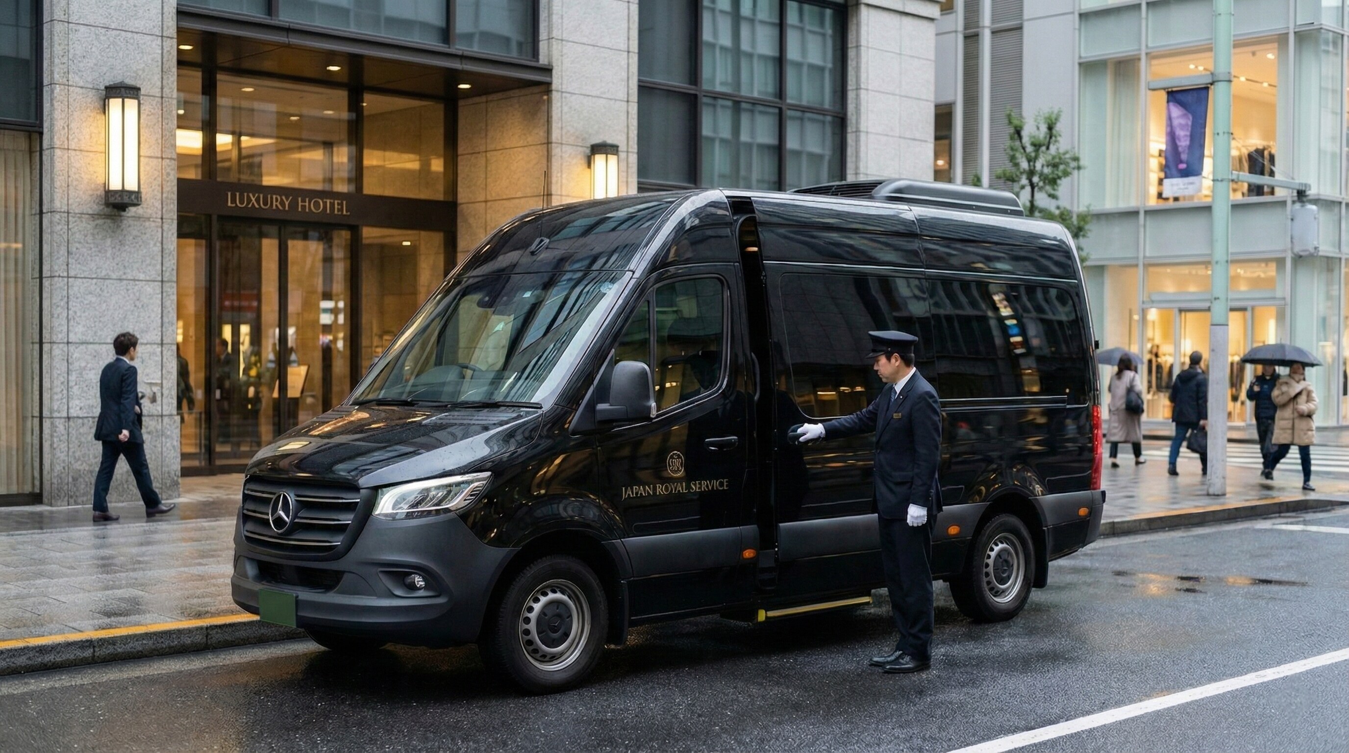 A Japan Royal Service chauffeur opening the door of a luxury black vehicle.