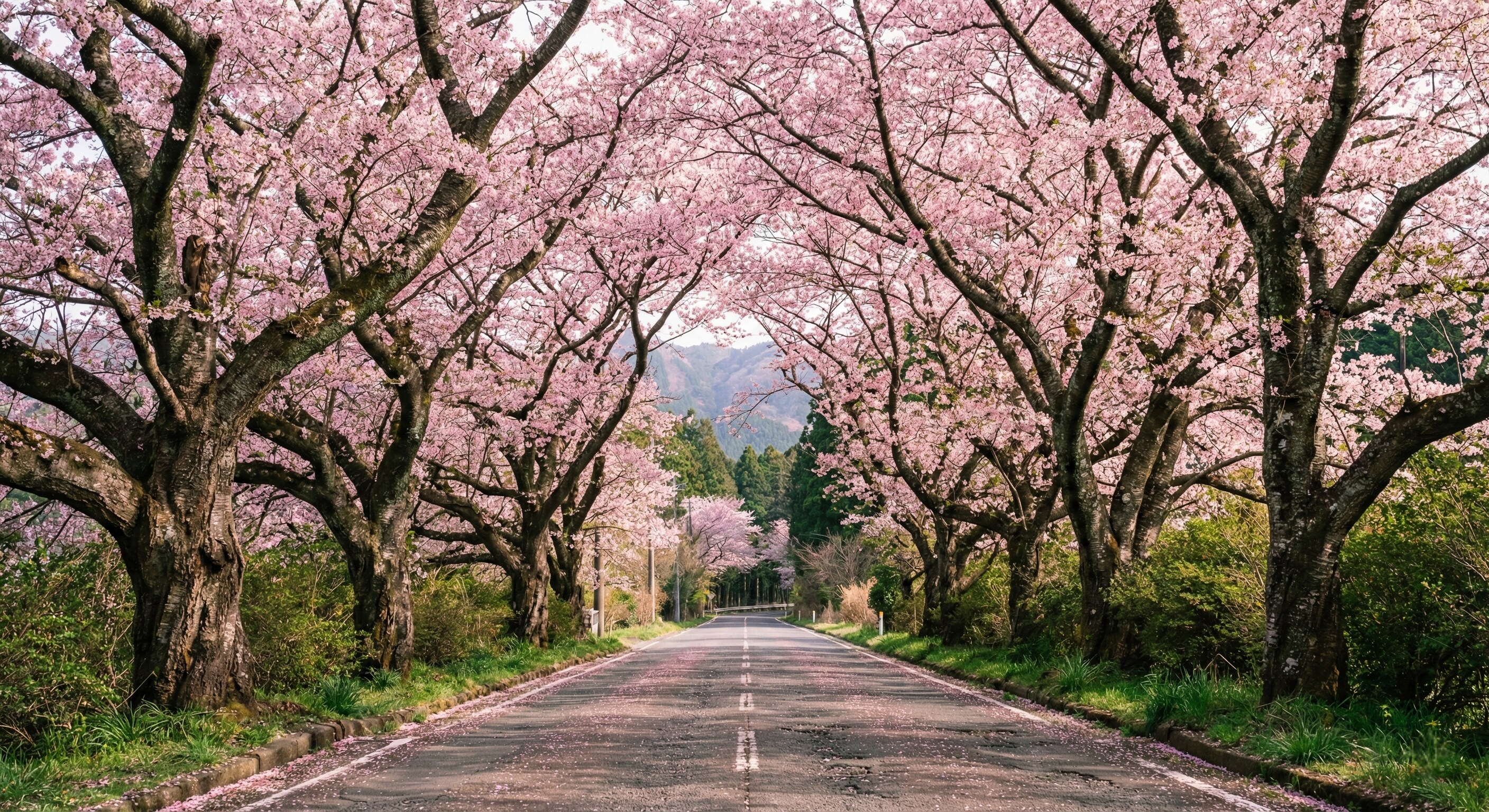 A breathtaking view of a long, paved road in Japan lined with hundreds of blooming cherry trees whose branches meet overhead to form a magical, continuous pink flower tunnel.