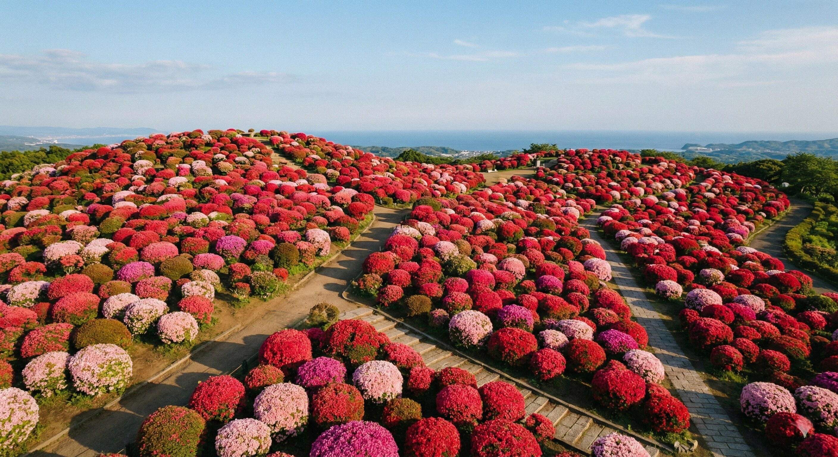 A breathtaking wide-angle landscape of Komuroyama Park in Japan featuring dense, rounded mounds of red and pink azaleas blooming together to create a textured, colorful floral carpet.