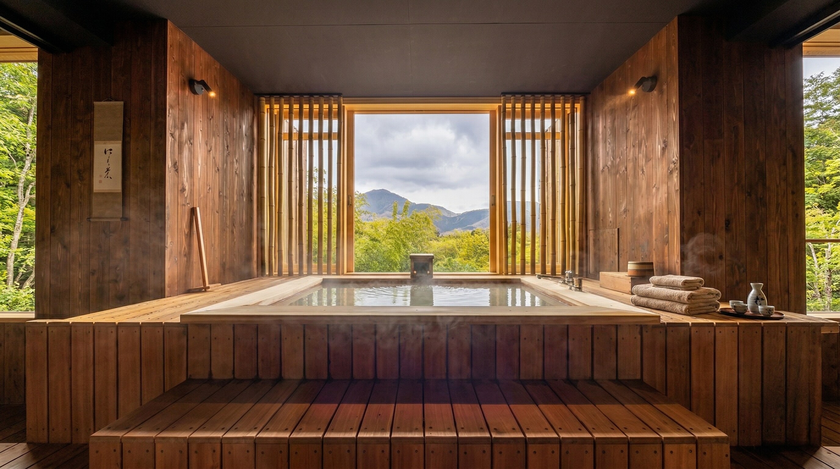 A wooden, open-air hot spring bath on a private terrace overlooking a lush green valley.