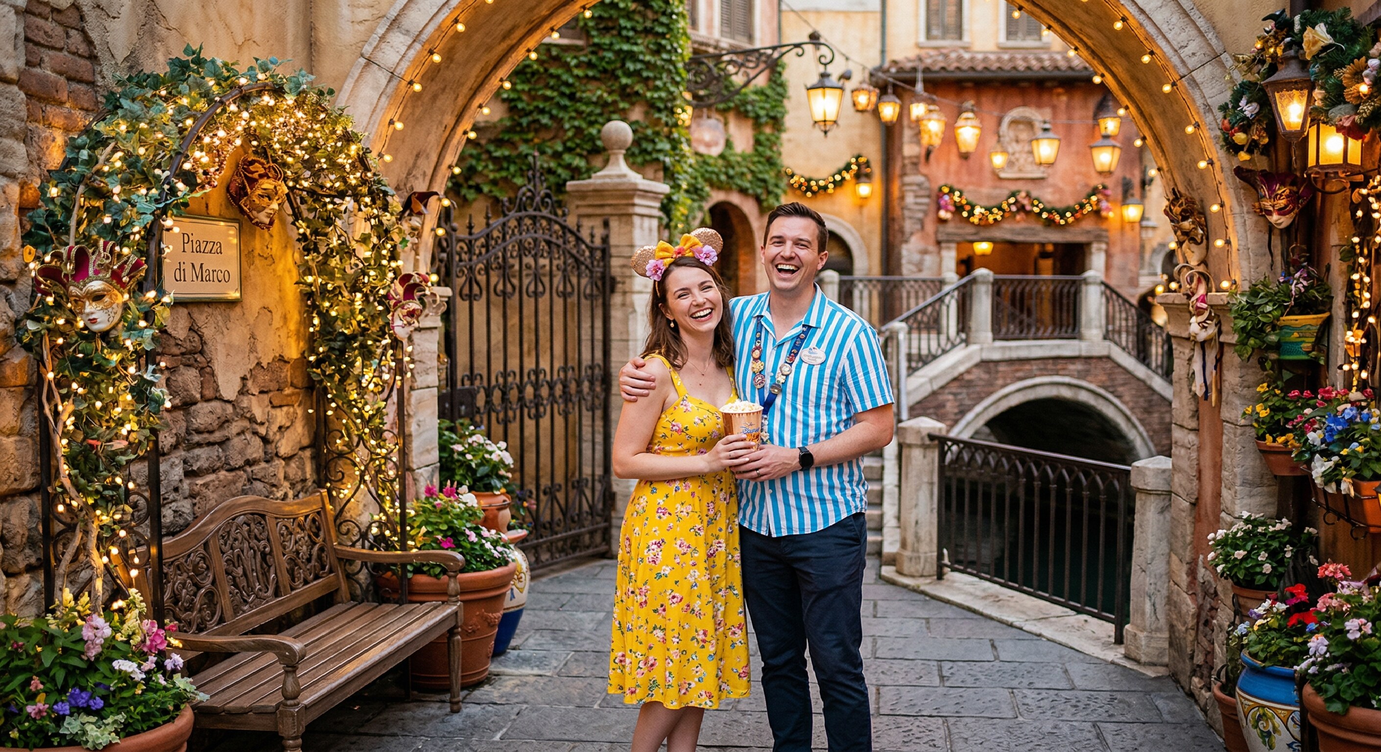 A beautifully framed, professional-looking photo of a couple posing happily in a quiet, incredibly themed corner of Tokyo DisneySea.