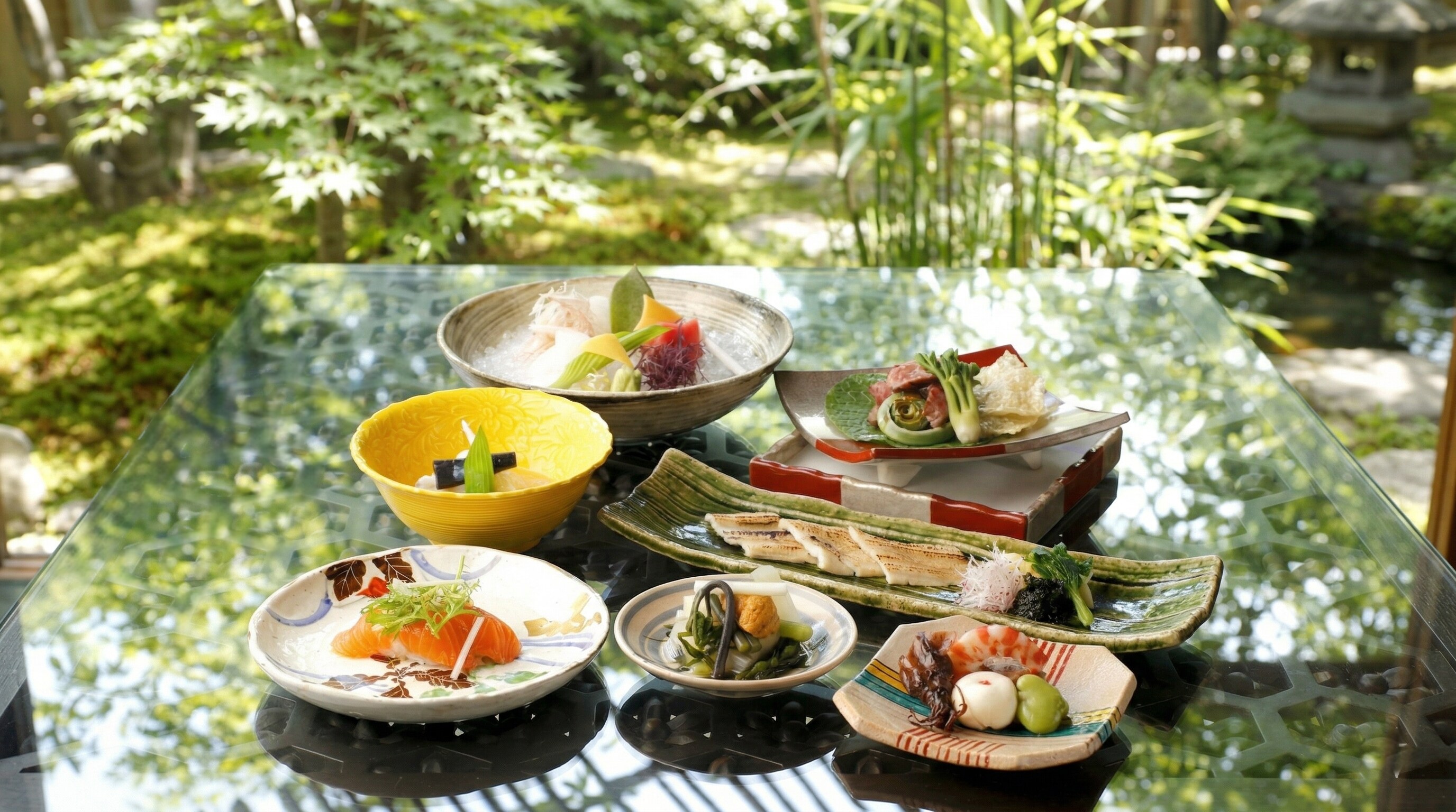 A beautiful arrangement of small, colorful Japanese dishes served on fine ceramic plates.