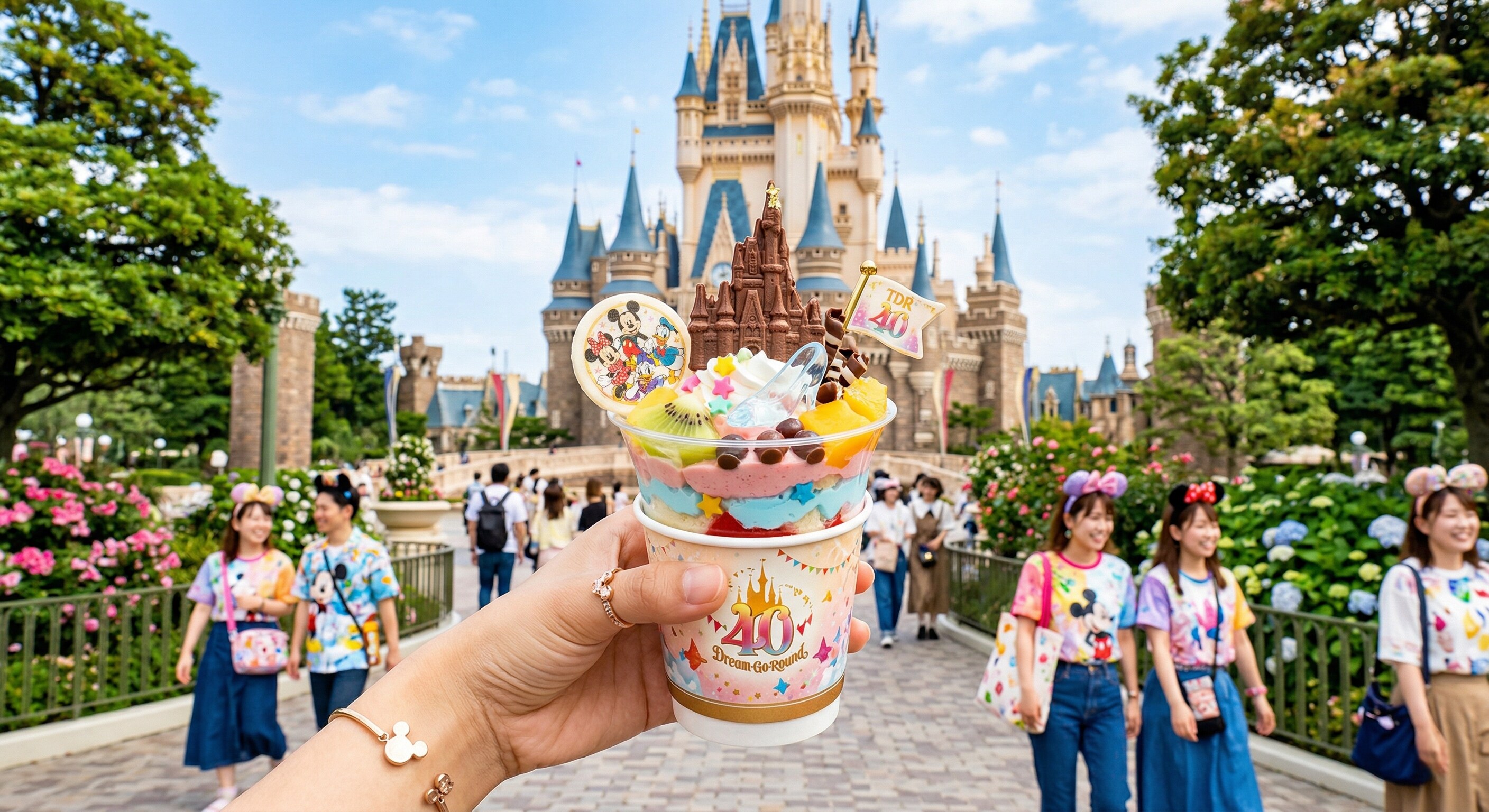 A close-up of a beautifully themed, limited-edition Disney dessert held up against a backdrop of a park attraction.