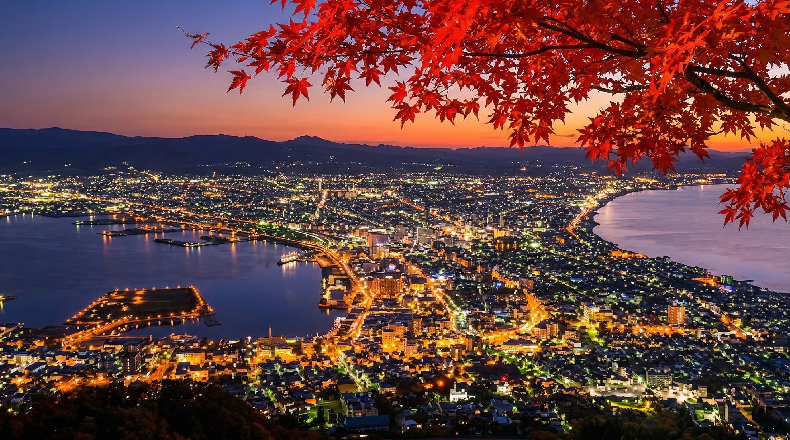 A breathtaking twilight panoramic view of Hakodate's glittering cityscape from Mount Hakodate, with crisp autumn air and a vibrant red maple branch elegantly framing the stunning foreground.