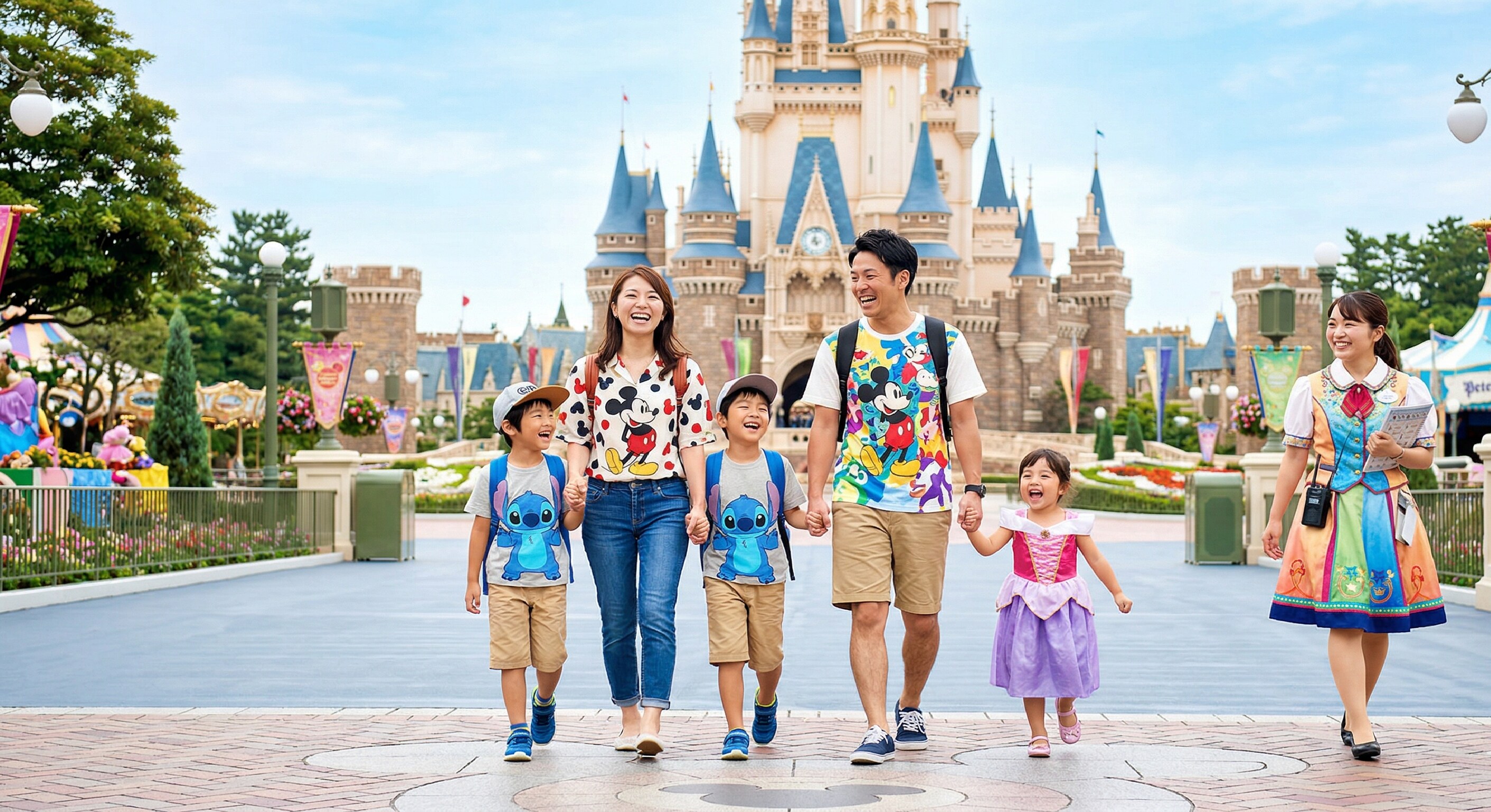 A small family walking comfortably through a clear pathway in Tokyo Disneyland, followed discreetly by a park assistant.