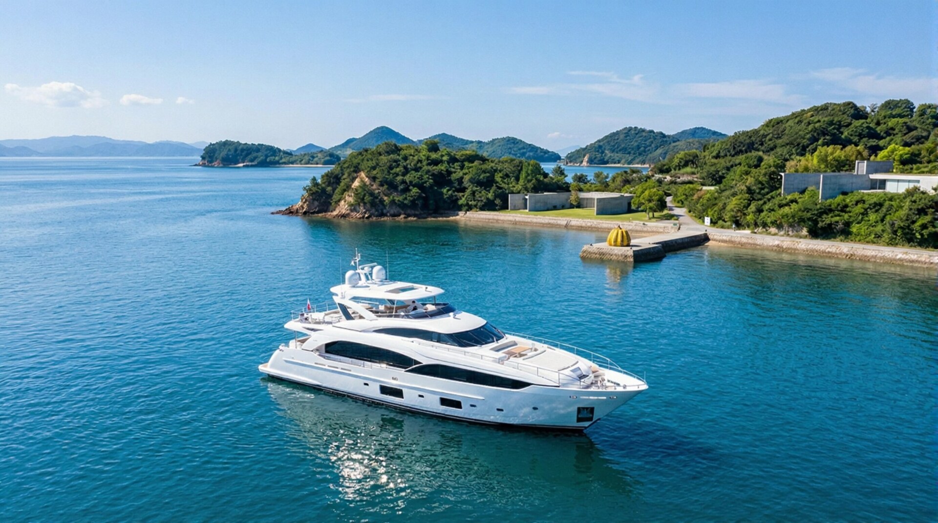 A sleek, modern white yacht sailing on calm blue waters with green islands in the background.