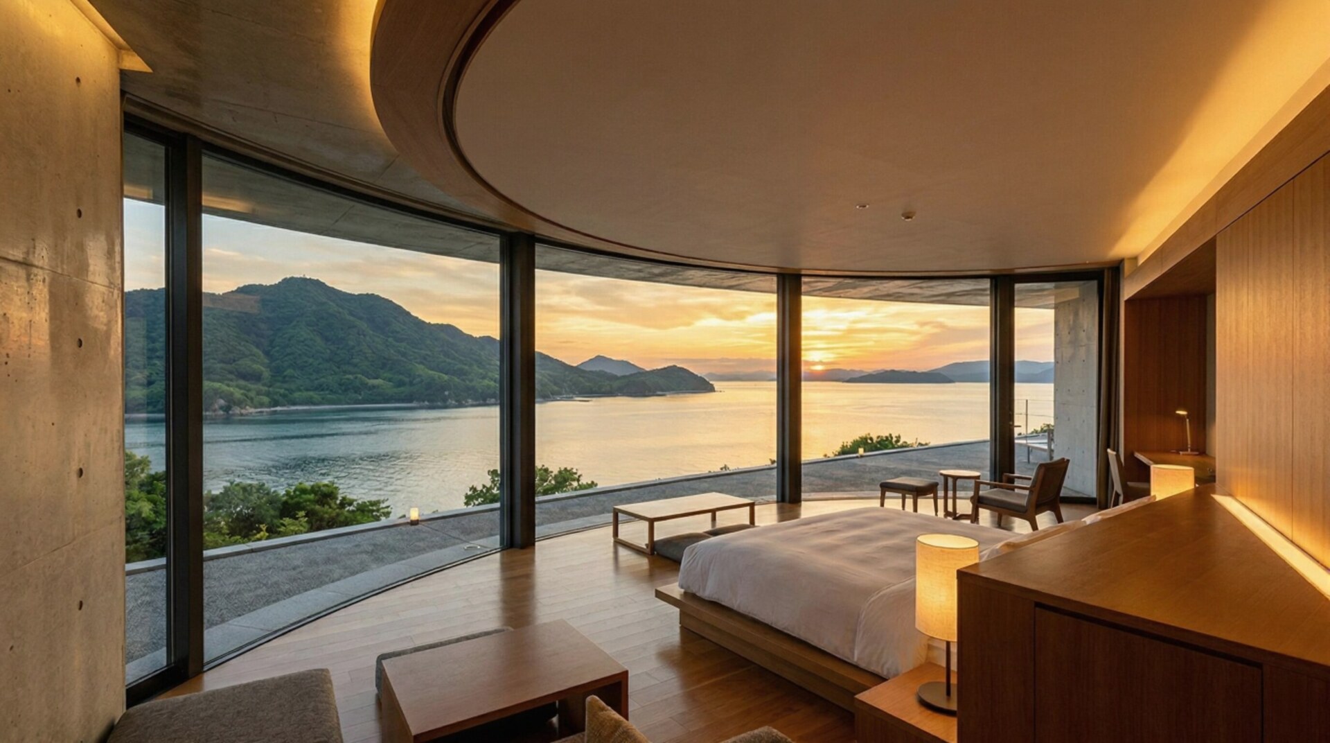 A luxurious hotel room with floor-to-ceiling windows looking out over a calm sea and green mountains at sunset.