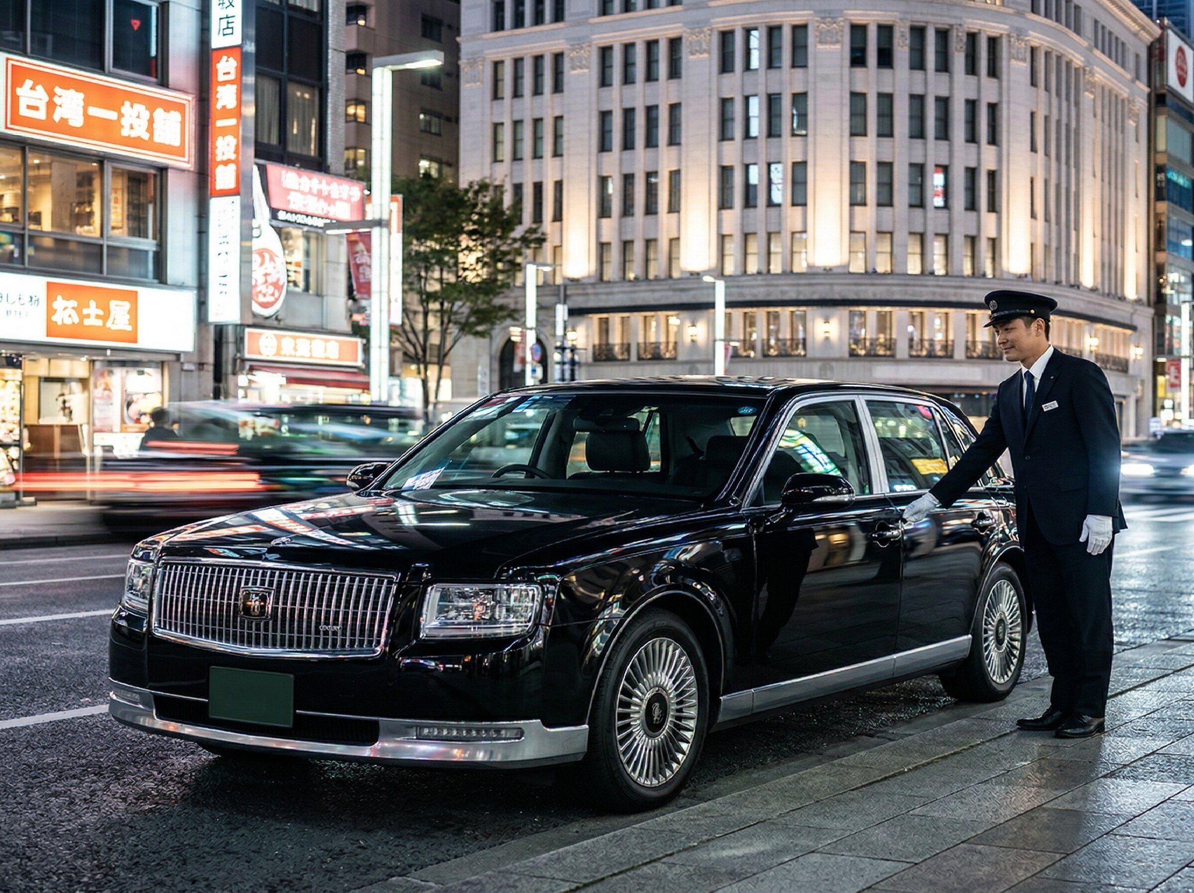 A professional chauffeur in a dark suit opening the door to a black luxury sedan.