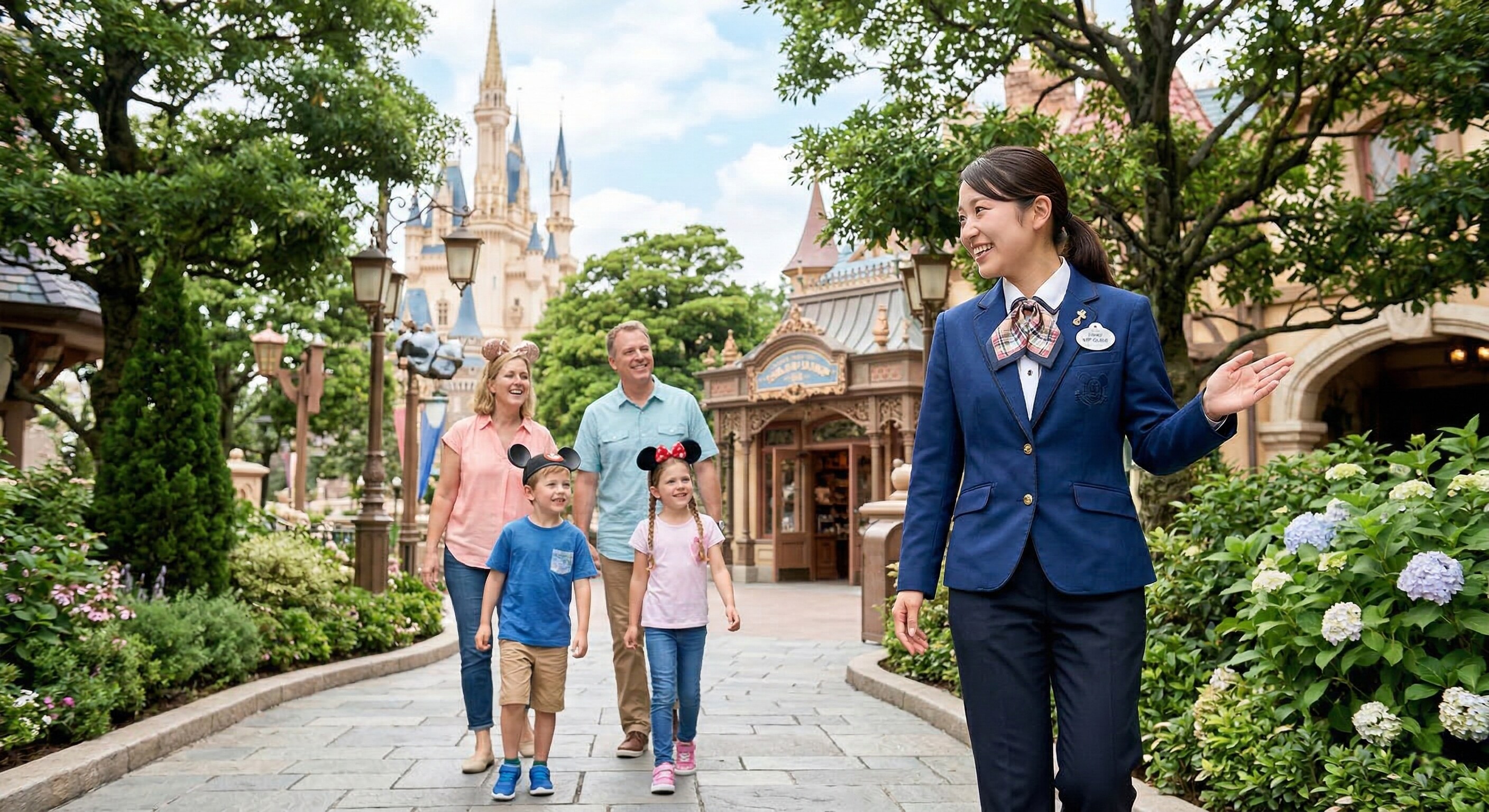 A professional Disney VIP guide leading a small group through an exclusive, uncrowded pathway in the park.