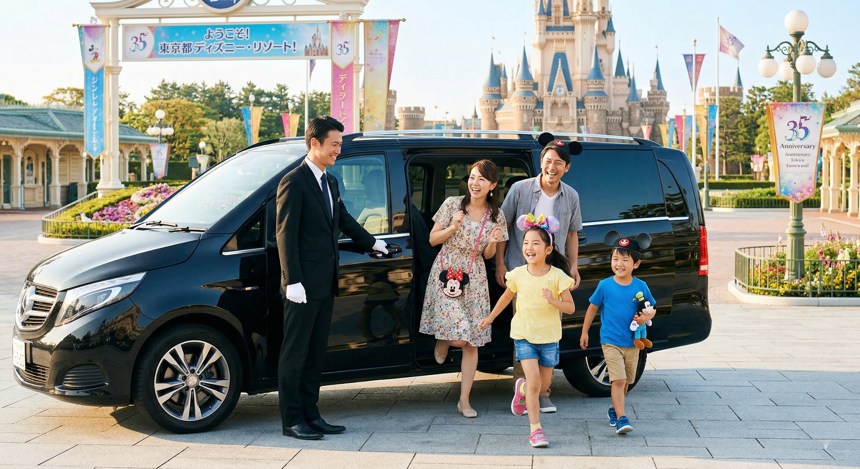 A professional private chauffeur opening the door of a luxury vehicle for a smiling family arriving at Tokyo Disney Resort.