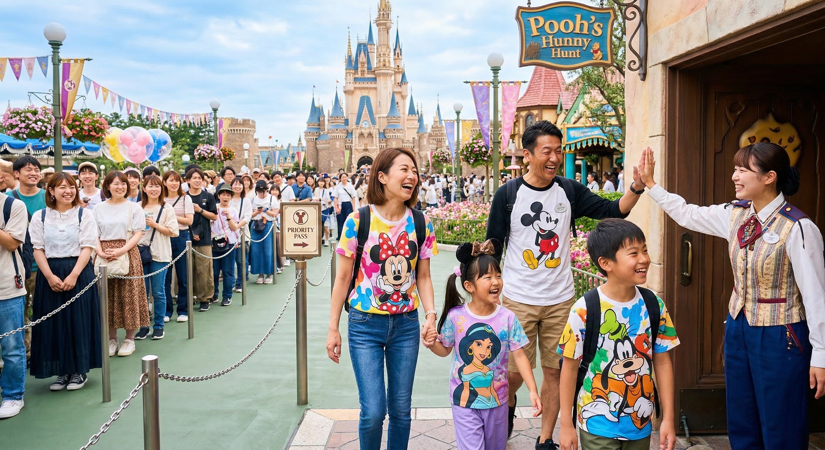 A smiling family bypasses a long line and walks directly onto a popular Tokyo Disney attraction.