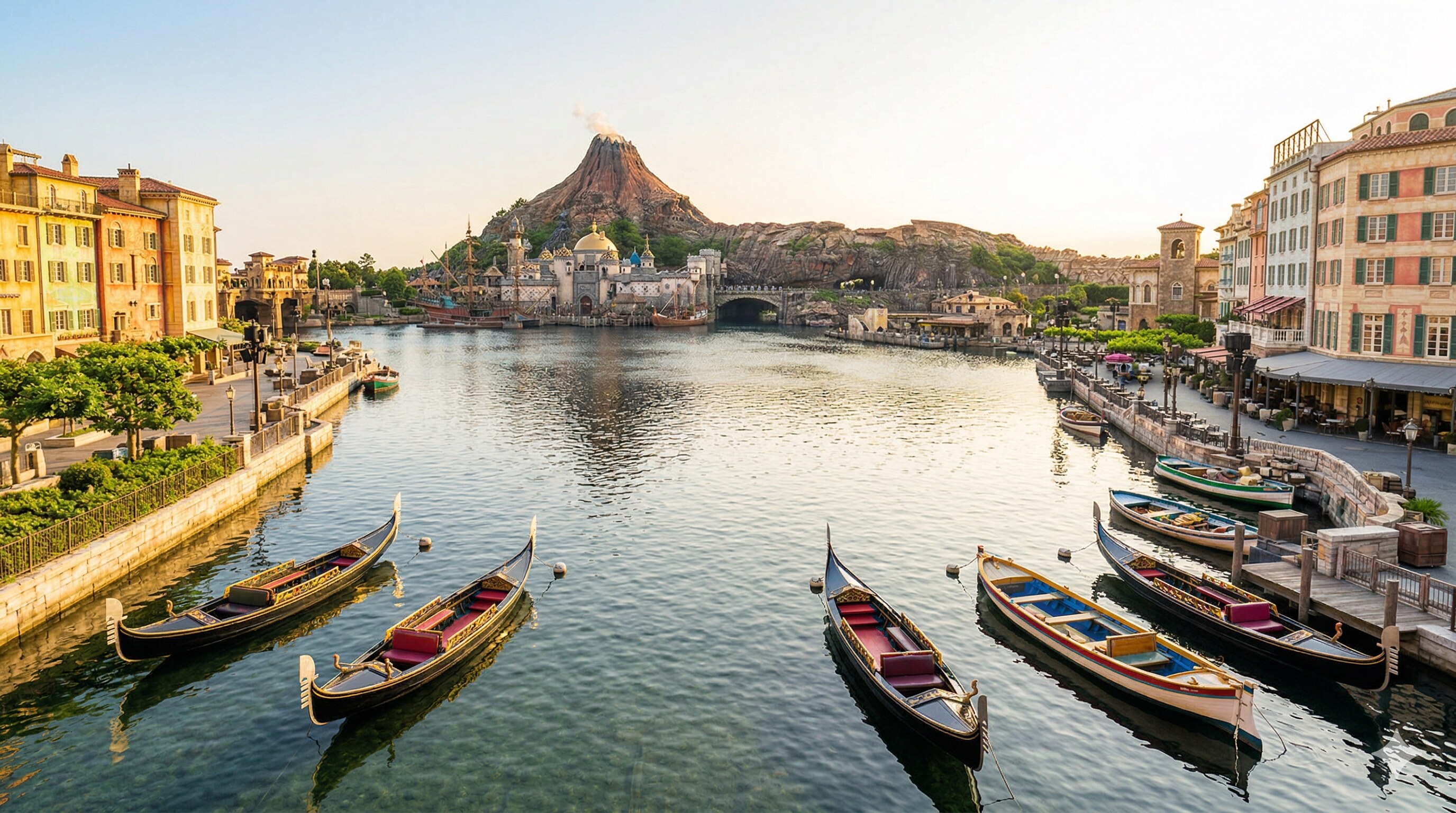 A wide view of the beautiful Mediterranean Harbor at Tokyo DisneySea featuring gondolas and the Mount Prometheus volcano.