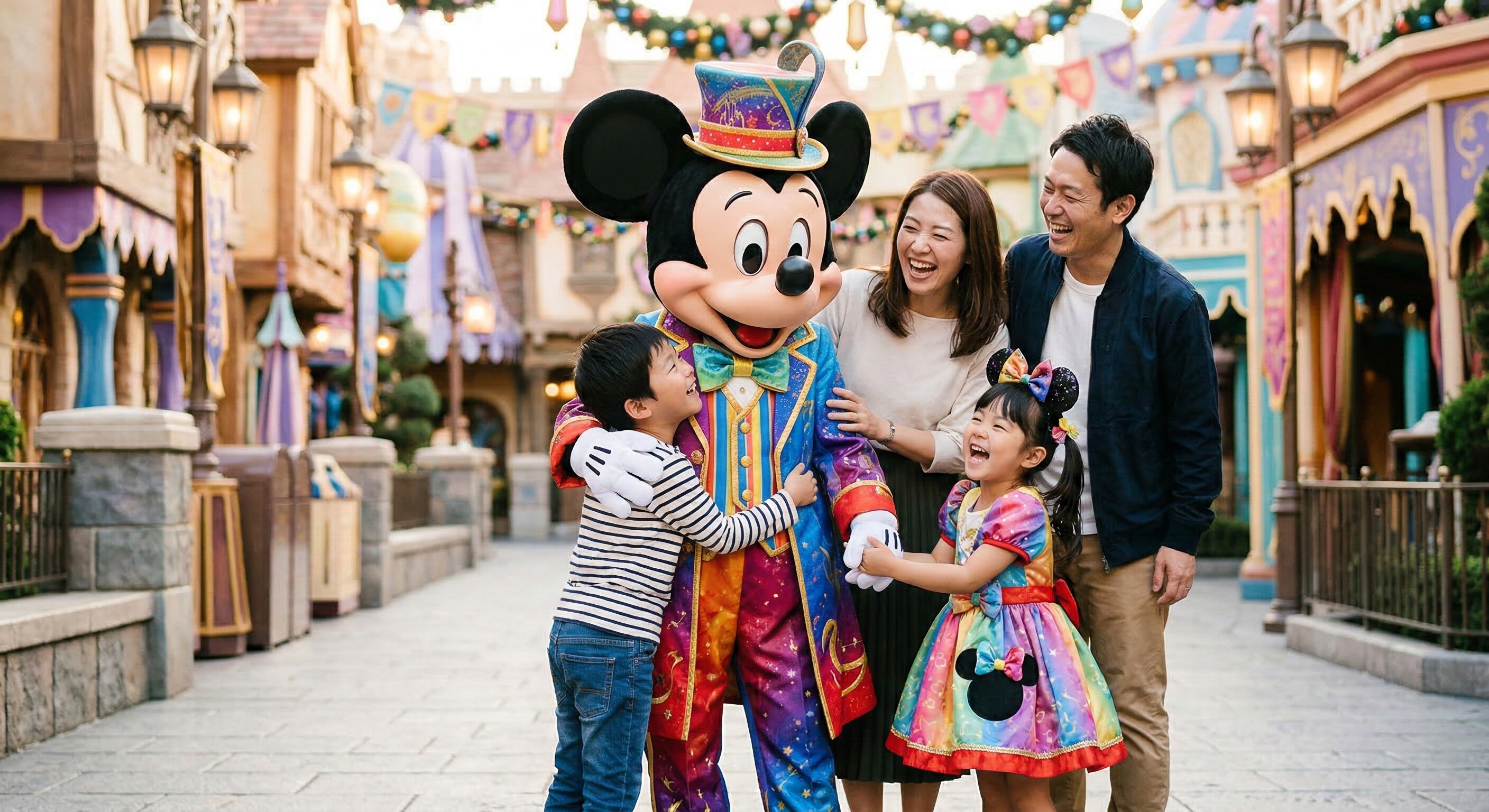 Children laughing and hugging Mickey Mouse in a private, unhurried setting.