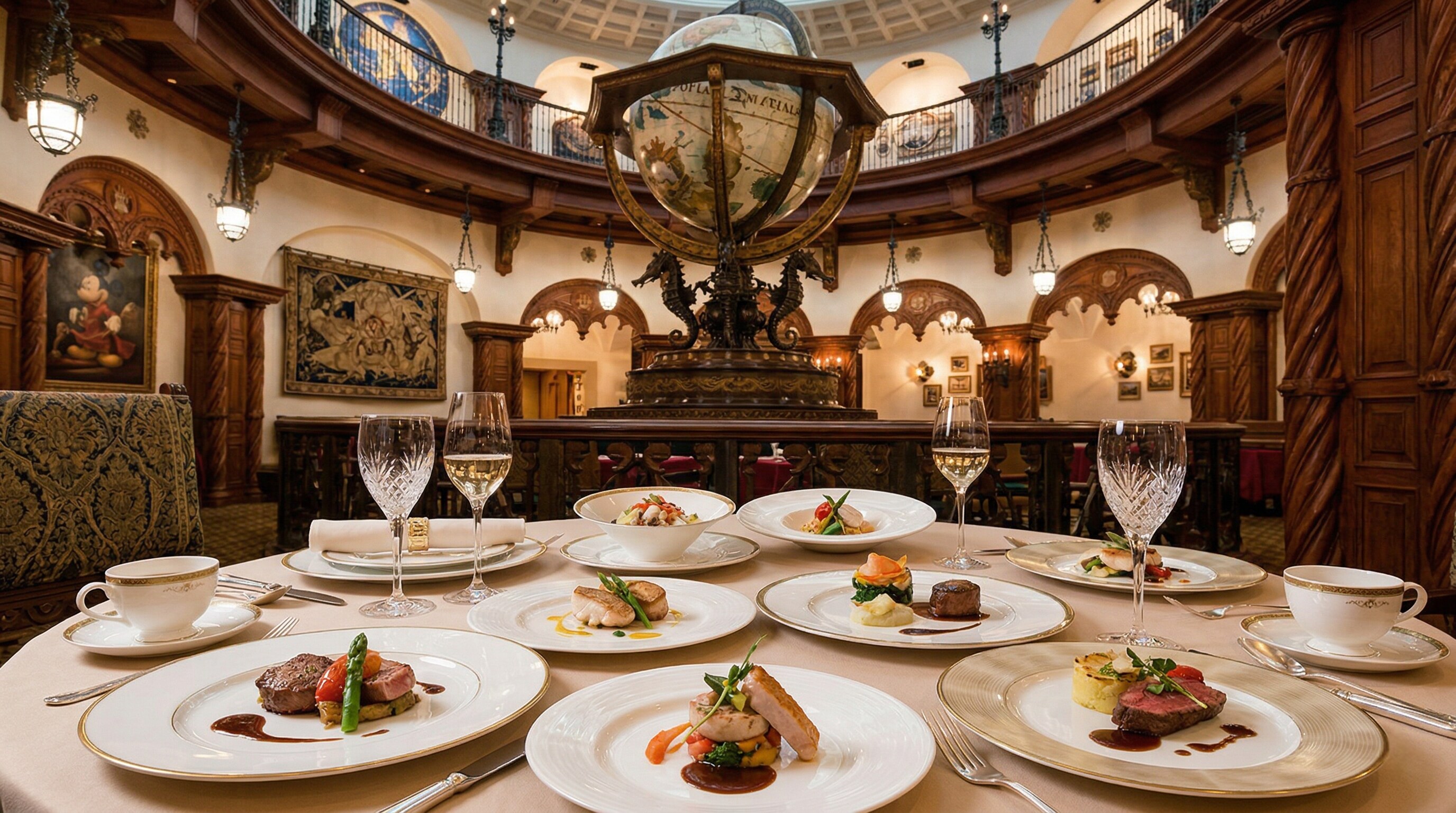 A beautifully set table with a multi-course meal inside the elegant Magellan's restaurant at Tokyo DisneySea.