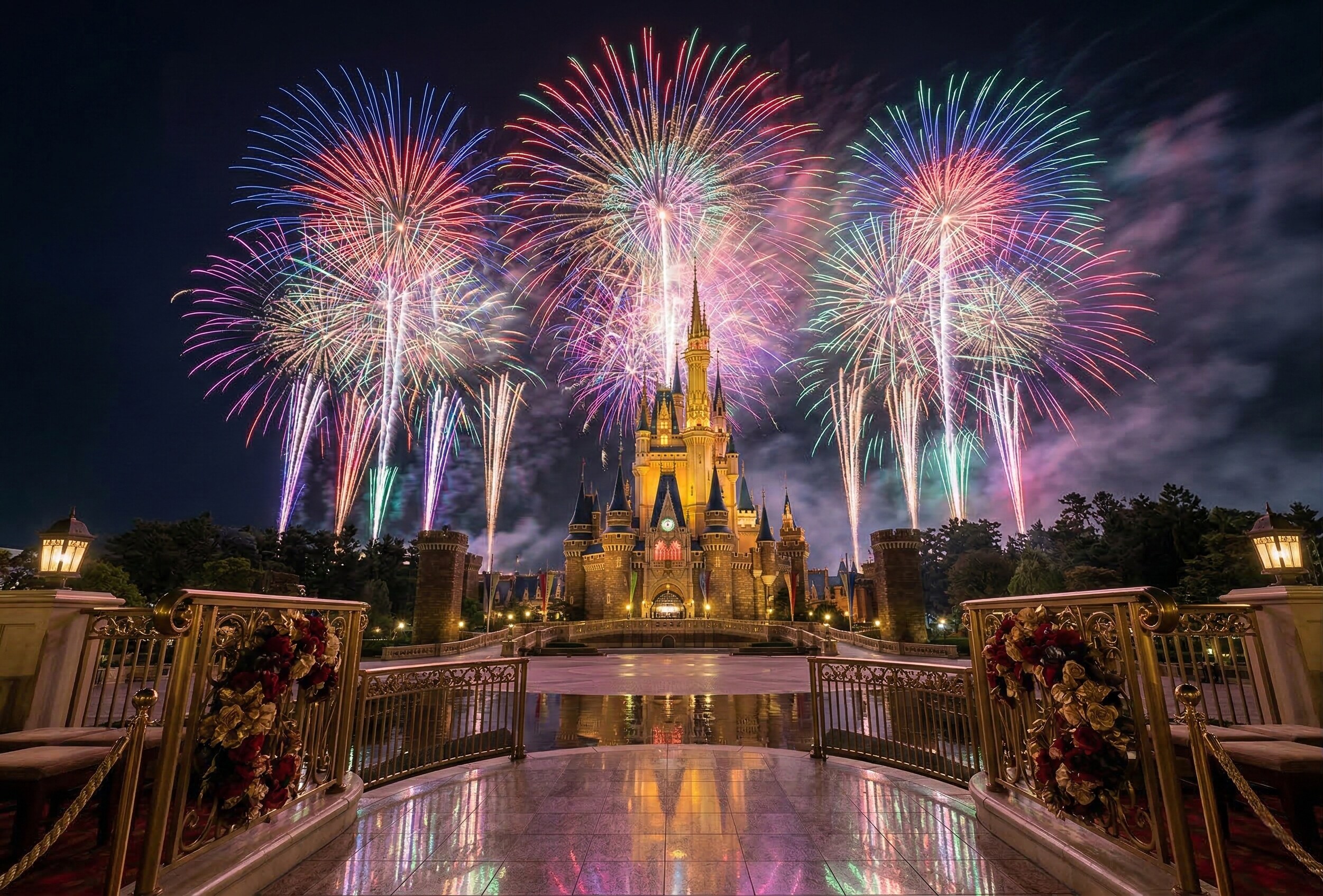A spectacular fireworks display over the Disney castle, viewed from a private, VIP viewing area.
