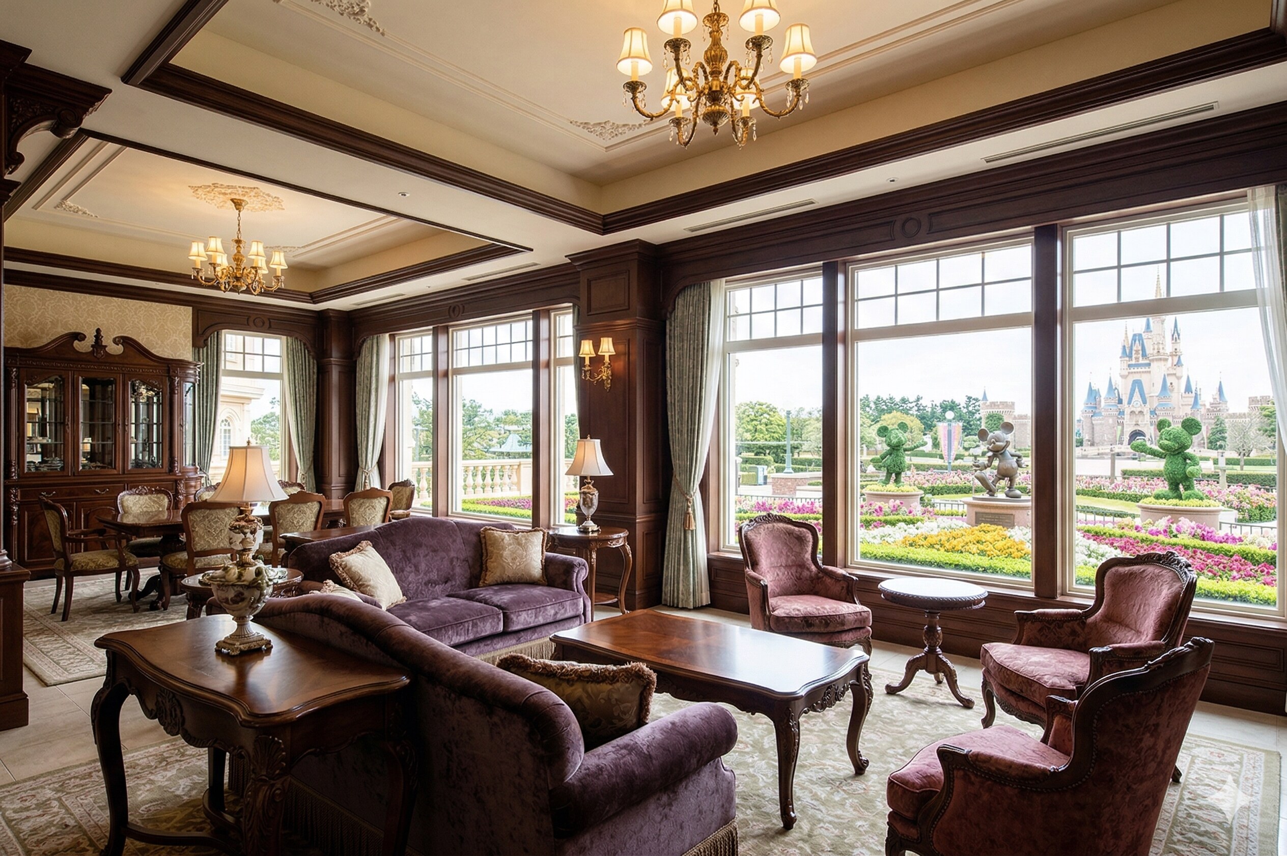 A luxurious and spacious suite at the Tokyo Disneyland hotel featuring elegant Victorian decor and large windows.