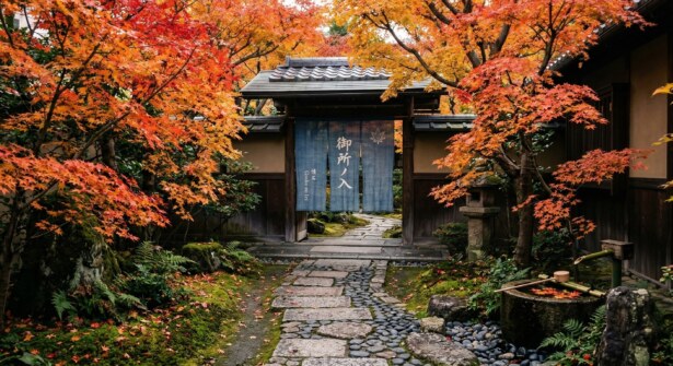 A serene entrance to a traditional Japanese mountain restaurant featuring a stone path, hanging fabric Noren, and framed by vibrant seasonal foliage and rustic timber.